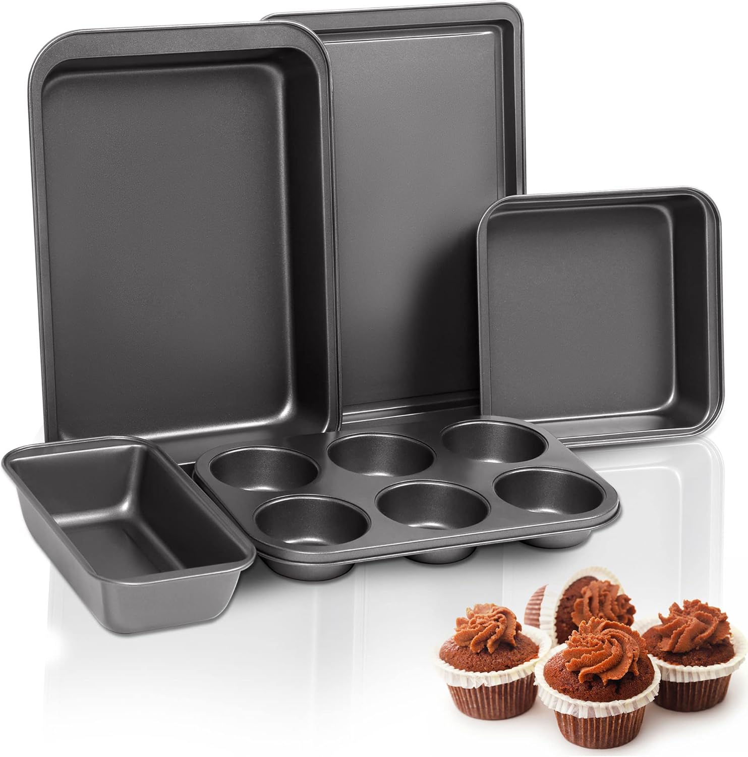 LINKLIFE 5-Piece Steel Baking Pans Set Nonstick, Bakeware Sets for Oven Baking, Deep Roasting Baking Tray, Square Cake Pan, 6 Cups Muffin Pan, Cookie Sheet, Loaf Bread Pan, Black: Home & Kitchen