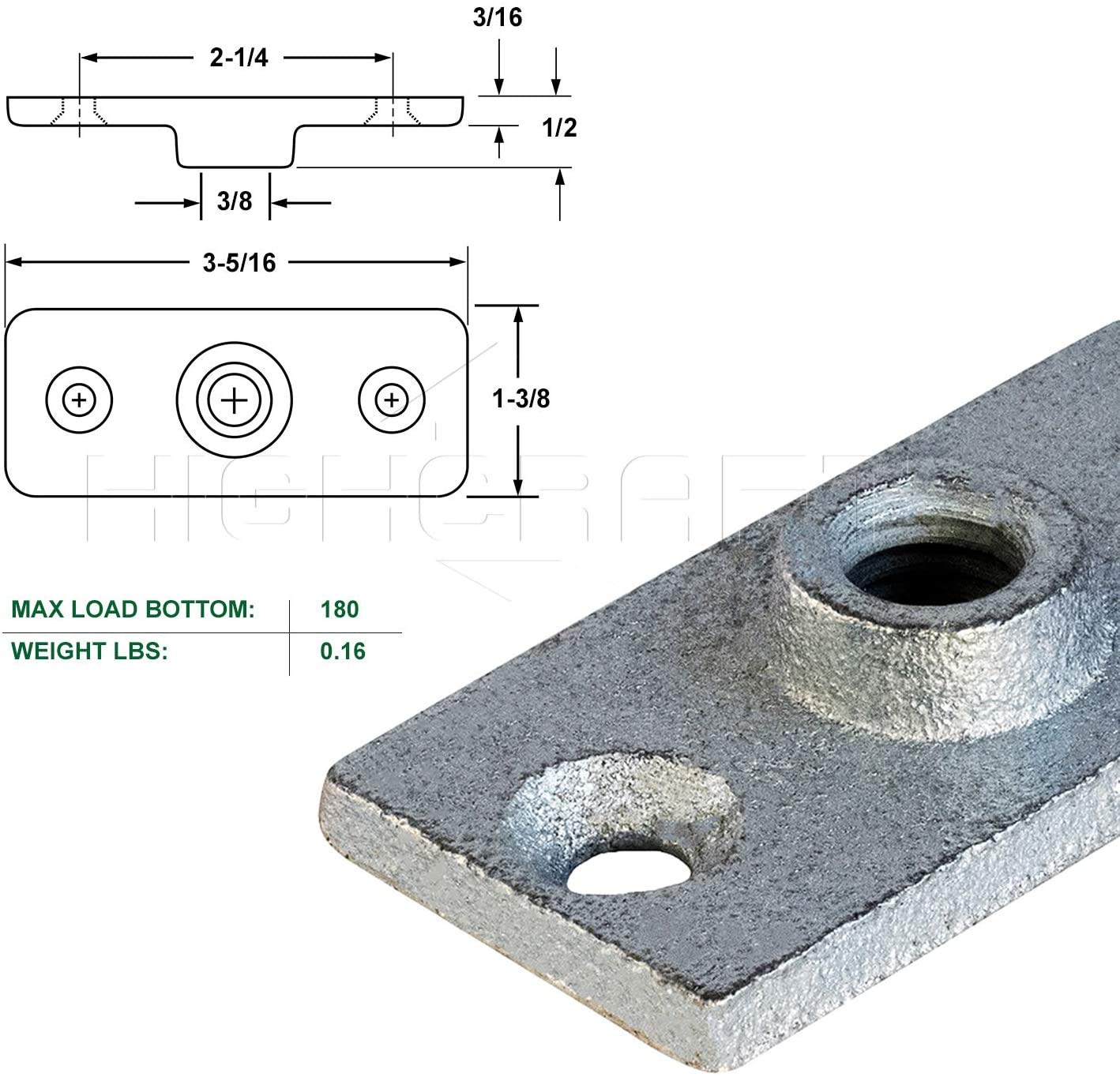 Highcraft PLTG38-20 Brida de techo; placa de suspensión para varilla roscada de 3/8 pulgadas (no tubería), para fontanería DYI y decoración industrial, 1-3/8 de ancho x 3-5/16 de largo, hierro