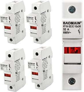 Baomain 5-Pack RT18-32 Fuse Holder 10x38mm Single Pole 32A 690VAC DIN Rail Mount w/ LED Indicator UR/CE Certified