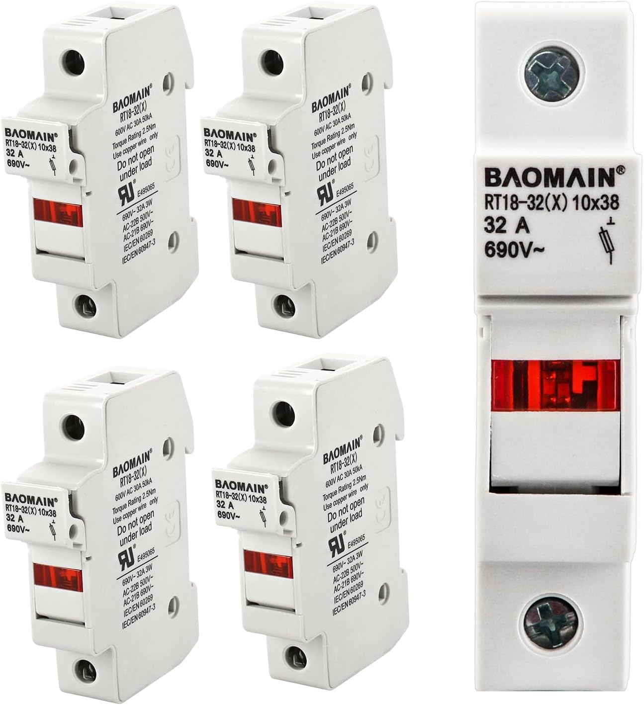 5-Pack RT18-32(X) 1P DIN Rail Fuse Holder - 32A 690V AC Cylindrical Fuse Base for 10x38mm Fuses, with LED Indicator Light, UL & CE Certified, Single Pole