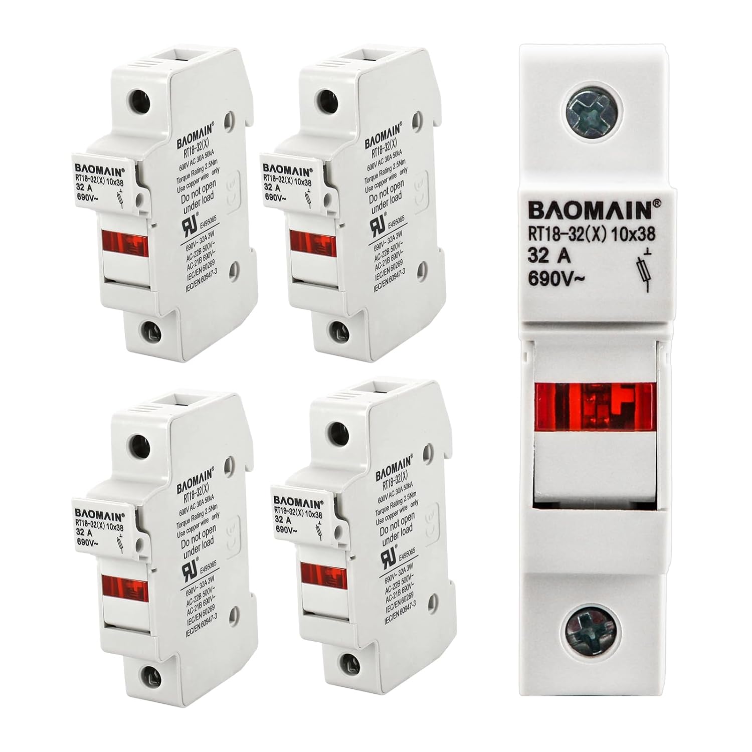 Baomain 5-Pack RT18-32 Fuse Holder 10x38mm Single Pole 32A 690VAC DIN Rail Mount w/ LED Indicator UR/CE Certified
