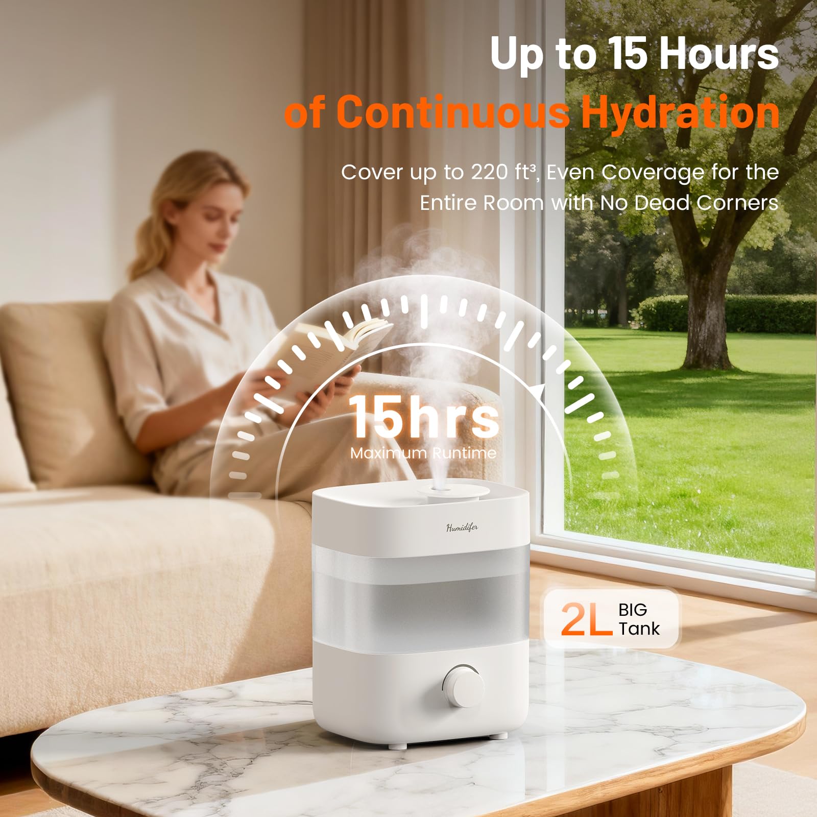 Humidificadores para dormitorio, tanque de 2 litros para 15 horas, tiempo de niebla silenciosa de 20 dB, boquillas dobles, apagado automático, rotación para ajustar la intensidad de la niebla