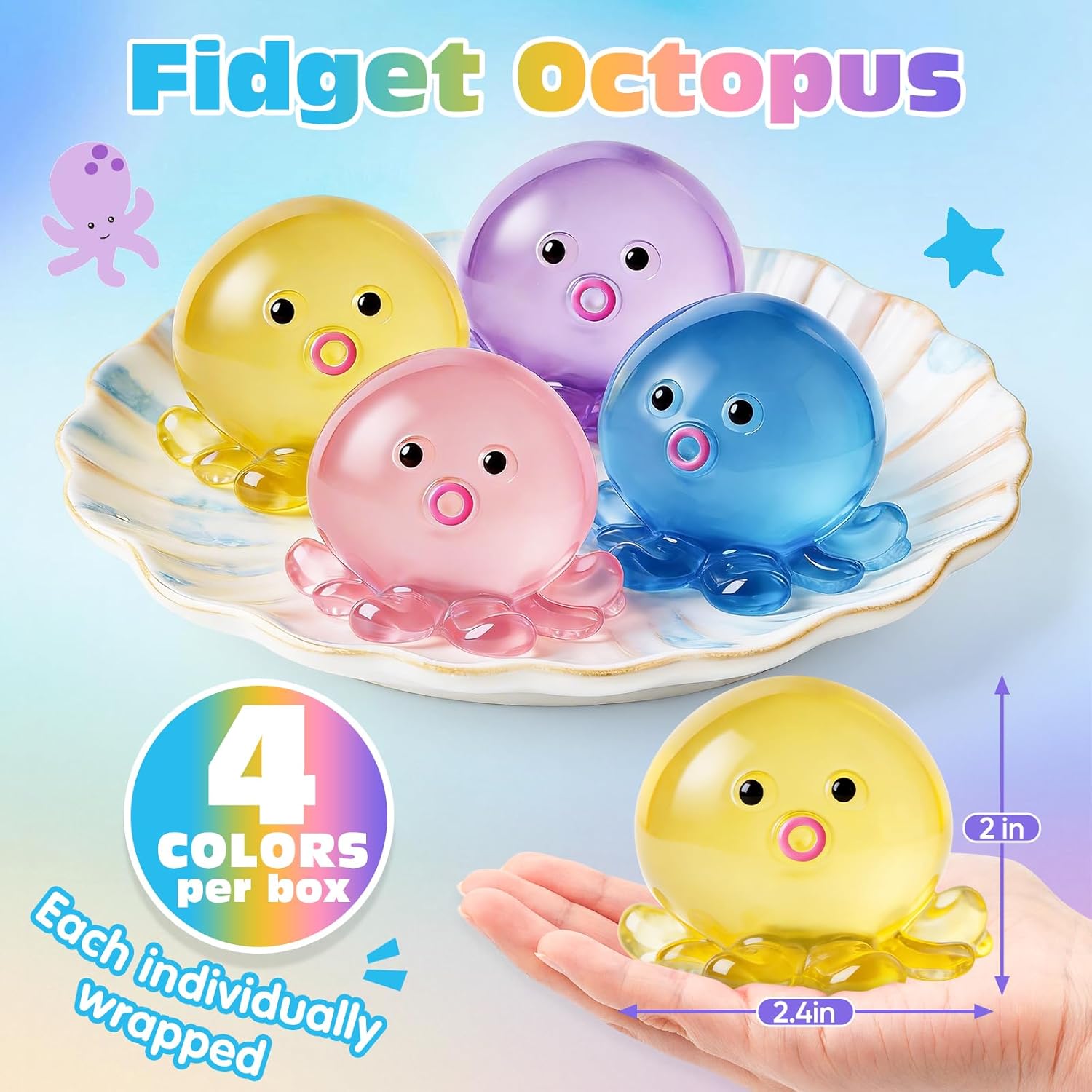 4 Pack Octopus Stress Balls for Adults Kids, Taba Squishy, Squishy Fidget Toys for Anxiety Stress Relief, Cute Squeeze Ball Set for Easter Basket Stuffers, Party Favors Classroom Prize Birthday