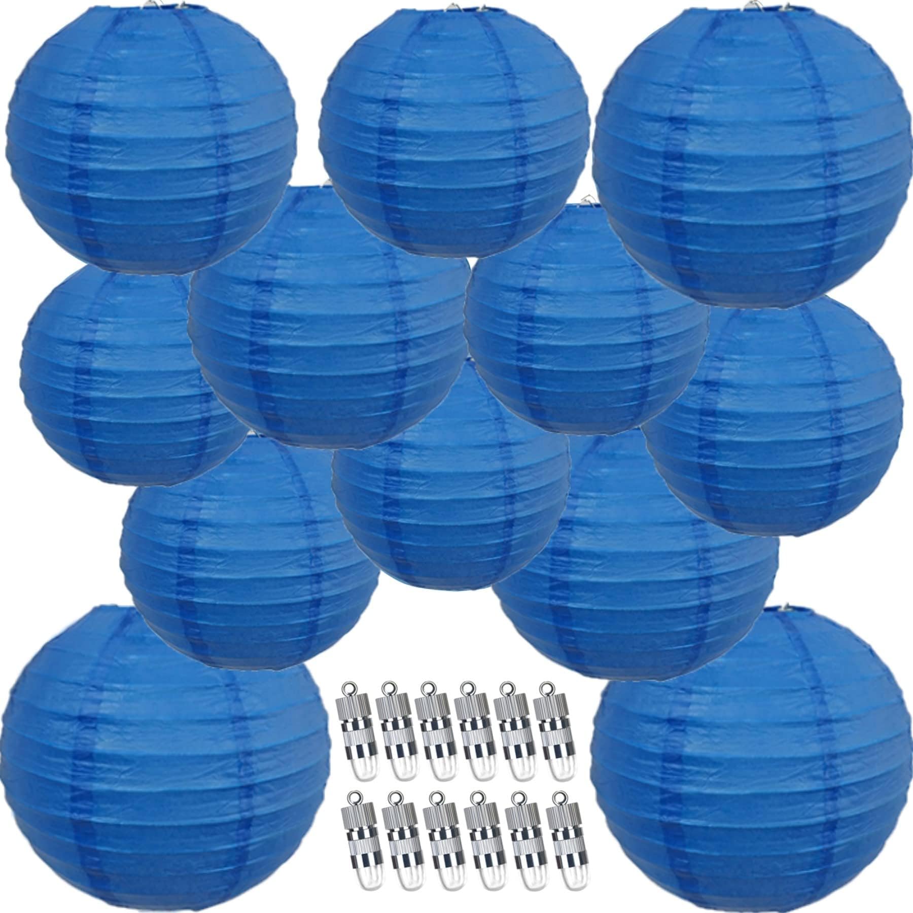 12pcs Blue Paper Lanterns with 12pcs White LED Lights, 6" 8" 10" 12