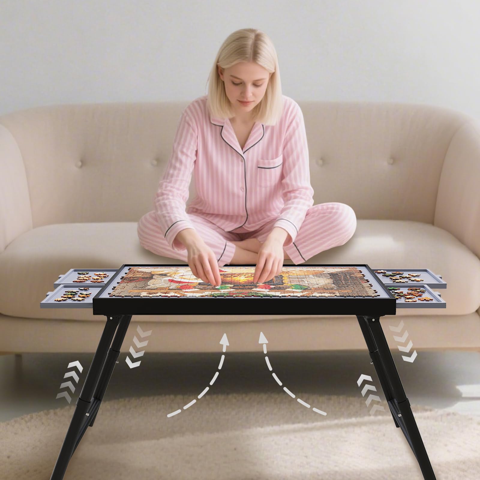 View 1 of 3 in 1 Jigsaw Puzzle Table with Drawers Adjustable Height 1500pcs