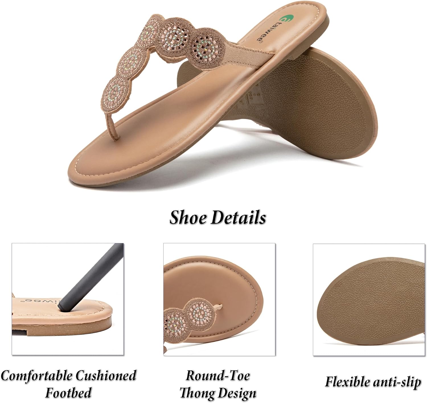 Ataiwee Women's Bohemian Bling Flat Slide Sandals - Casual Summer Thong Sandals with Rhinestone Decor, Rubber Sole, Lightweight & Comfortable for Casual Attire Strappy Sandals. - Image 5