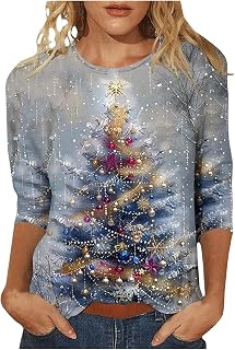 Oversize Christmas Tshirt for Women Xmas Graphic 3/4 Sleeve Crewneck Pullover Tops Lightweight Holiday Casual Shirt Plus Size