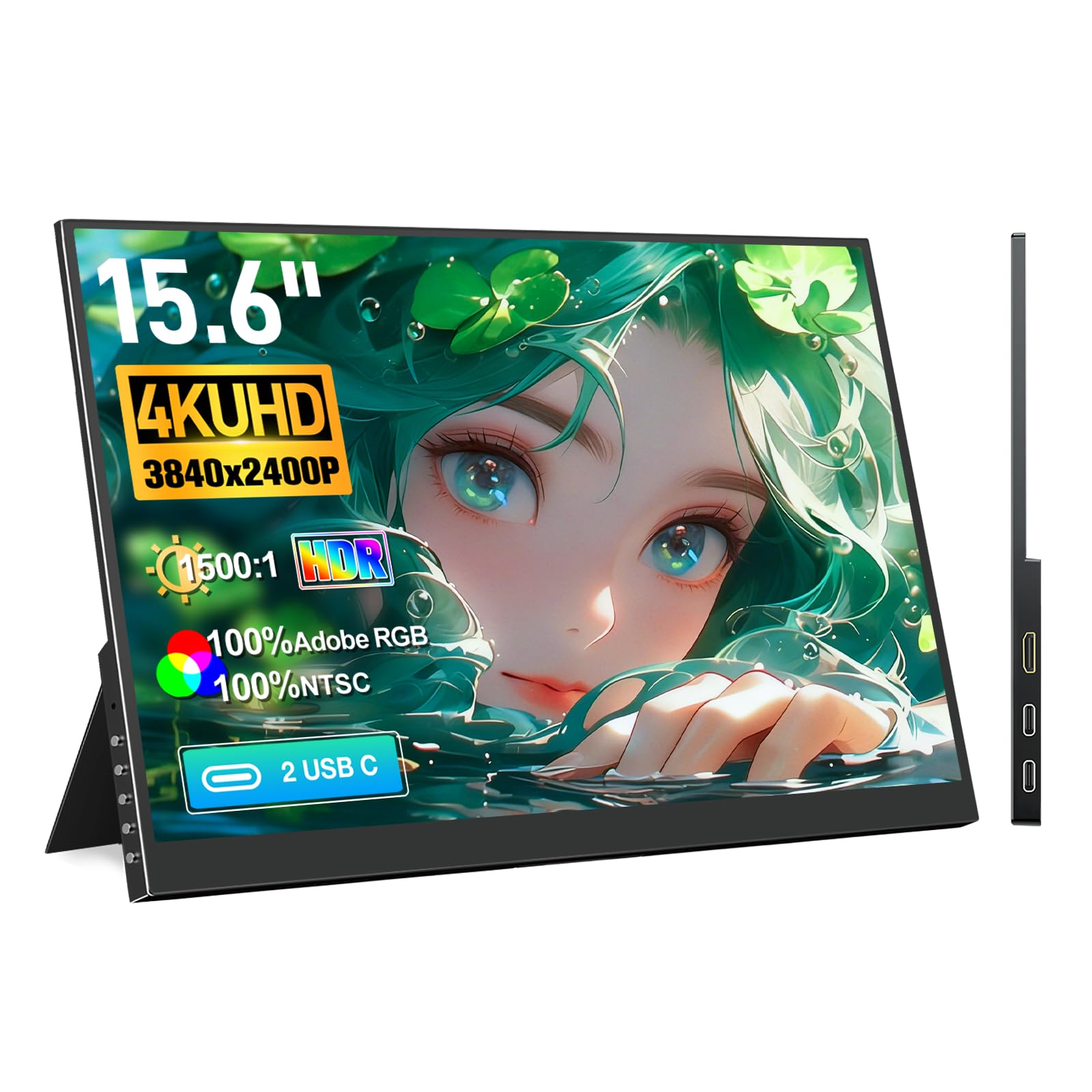 15,6 Zoll 4K UHD 3840 x 2400 Portable HDR Monitor, HDMI 2 USB-C Tragbarer Monitor mit 100% AdobesRGB 1500:1 Kontrast 100% NTSC Display für PC, Laptop, PS5/4, Xbox und Switch, VESA-kompatibel