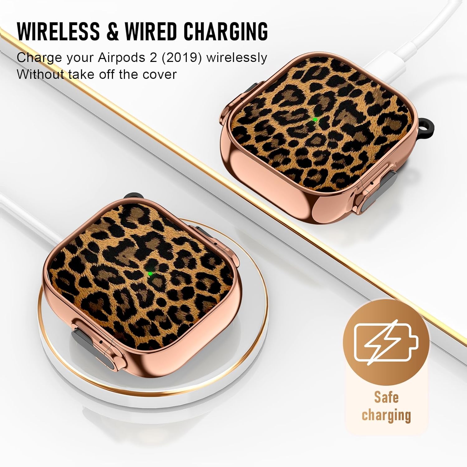 Maxjoy for Cute AirPods Case (2019) with Safety Lock,Compatible Leopard Print AirPod 2nd Generation Case for Women Girly with Keychain-Gold - Image 2