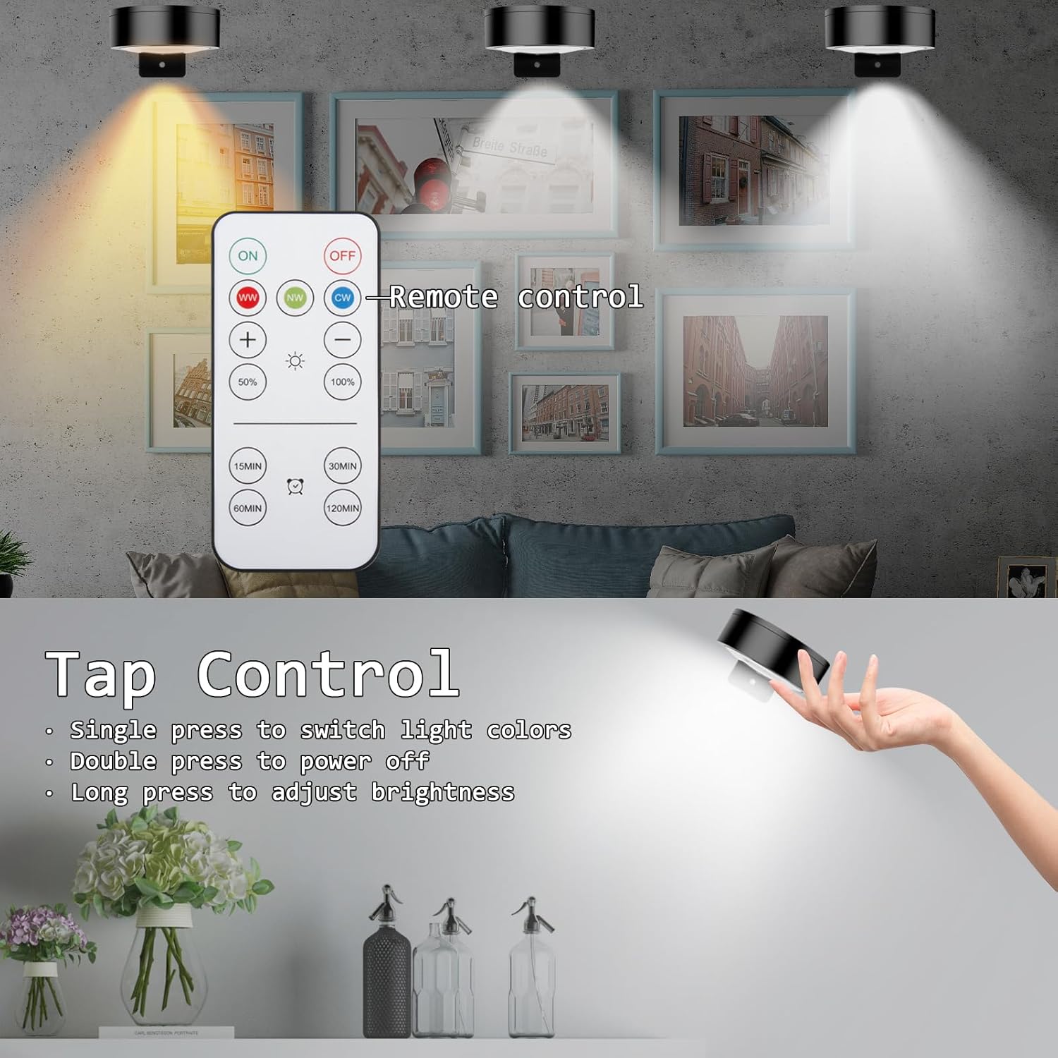 Wireless Battery Operated Painting Light with Remote Control,3 Lighting Modes Magnetic Led Art Display Light for Picture Frame, Dimmable and Timer, Wall Decor Display Light 6Pack Gold