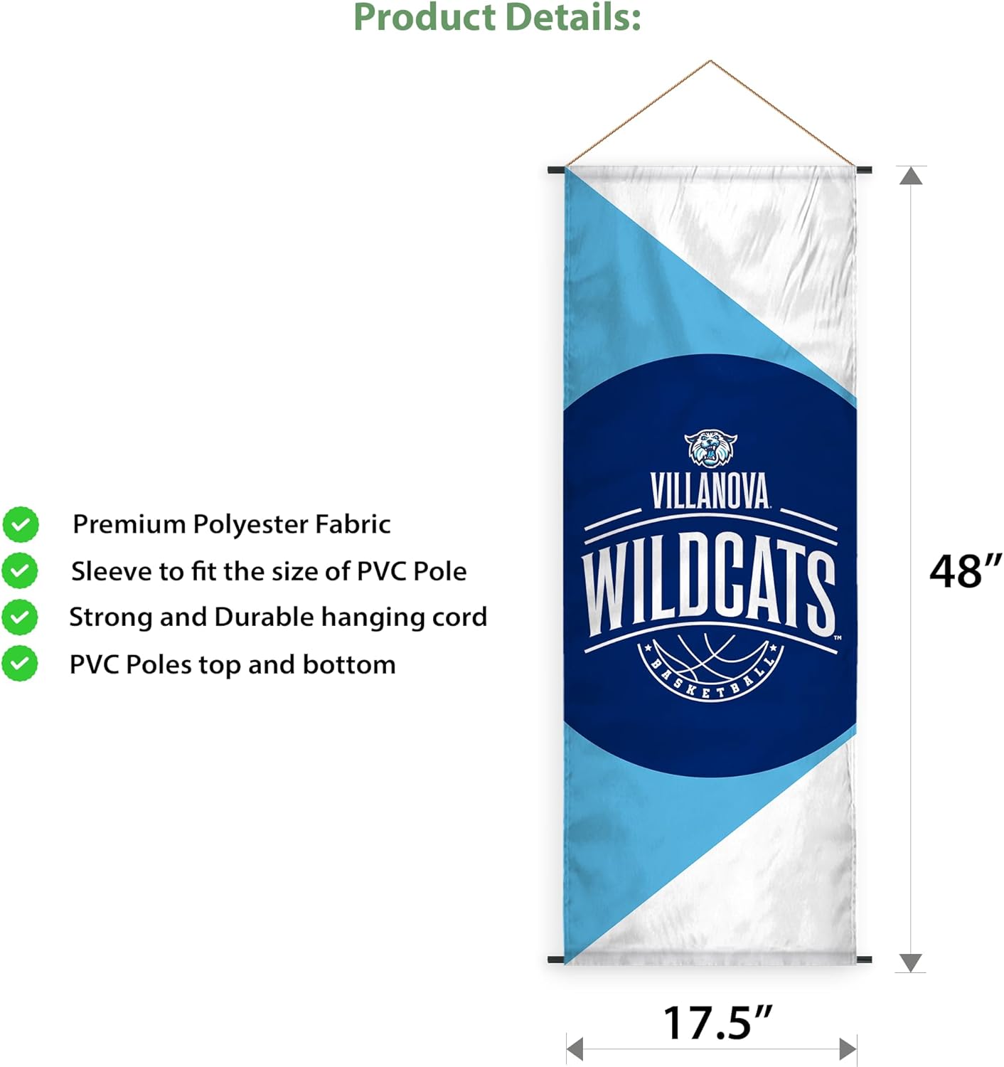 AGAS Villanova VU University Banner Scroll Sign 17.5" × 48" with Hanging Cord – Polyester Wildcats Wall Banner