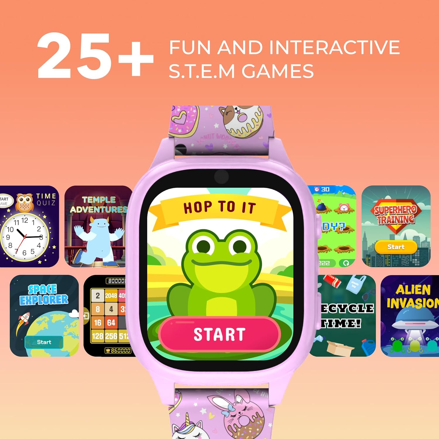PlayZoom 4 Kids Smartwatch, Educational Tech Toy – 25+ Games, Selfie Camera, Audiobooks, Step Tracker, Water‑Resistant, Parental Controls, Long Battery, Ages  4‑12 (Pink Donuts)