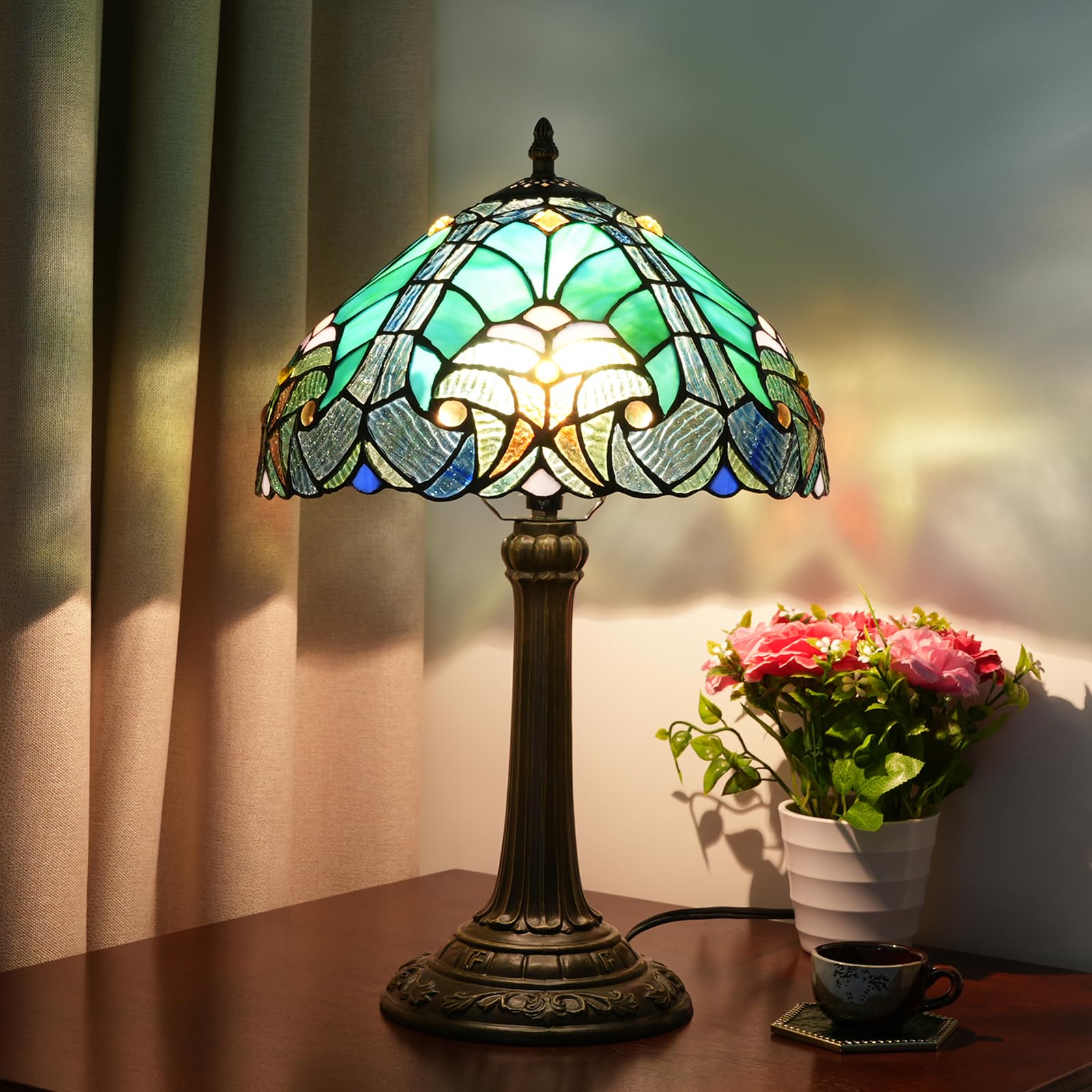 Lampa Tiffany w stylu Green Liaison, witrażowa lampa stołowa, zabytkowa lampa stołowa z metalową podstawą, lampa do czytania na biurko do salonu, sypialni, baru, sztuki i rzemiosła