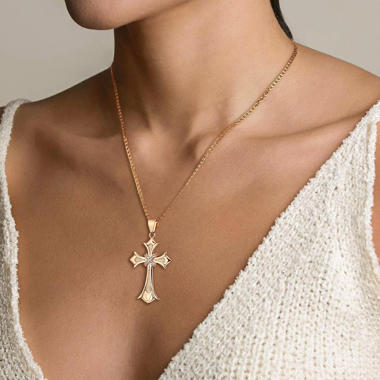HZMAN Cross Necklace for Women Retro 24K Gold Plated Crucifix Necklace Jewelry Gift - Image 2