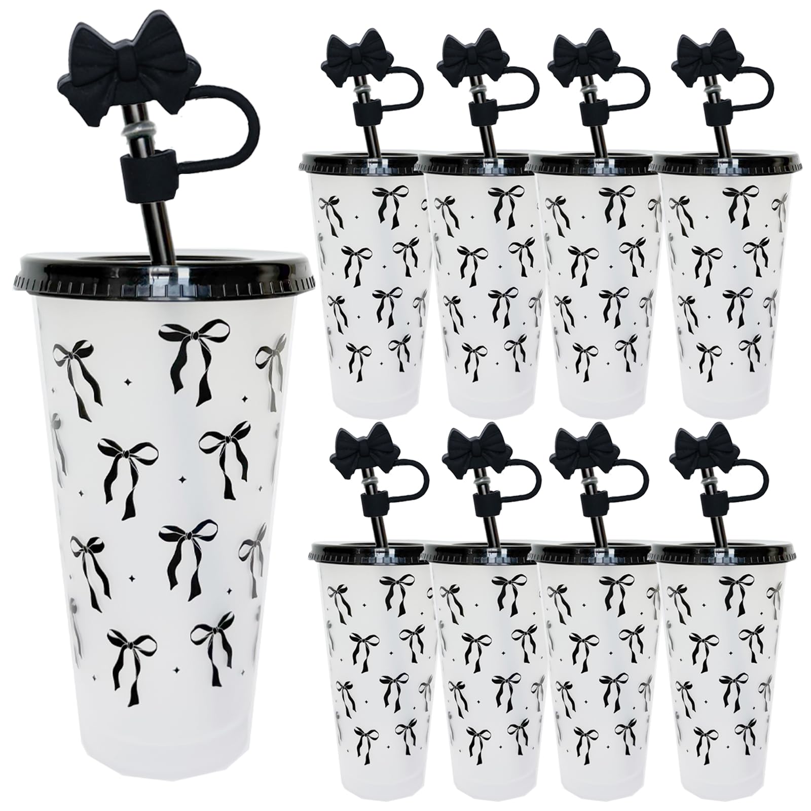 dididudi 8Pcs 24oz Bow Plastic Cups with Lids,Straws&Straw Caps, 710ML PP Reusable Tumblers for Cold Drinks,Reusable Tumbler Cup Bow Tie Cold Cups for Wedding Baby Shower Birthday Party Decor (Black)