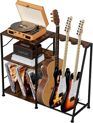Hosfais Soporte para tocadiscos, soporte de guitarra de 3 niveles para guitarra acústica, guitarra eléctrica, soporte para bajo, almacenamiento de
