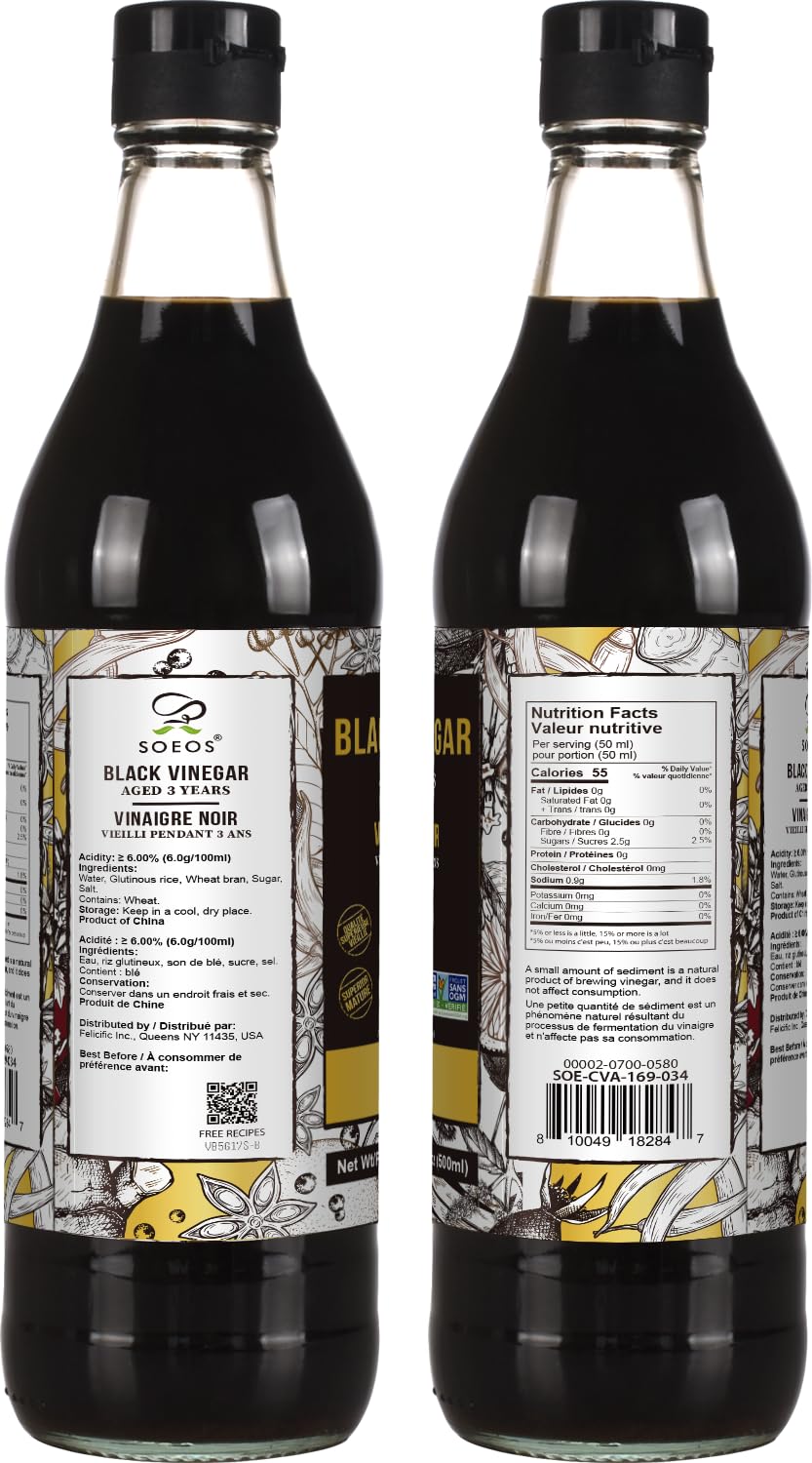 Soeos Chinkiang Vinegar 16.9 fl oz (500ml), 3 Years Aged, Naturally Fermented, Mature Aged Black Vinegar, Chinese Black Vinegar, Zhenjiang Vinegar, Black Rice Vinegar, Black Vinegar Chinese.
