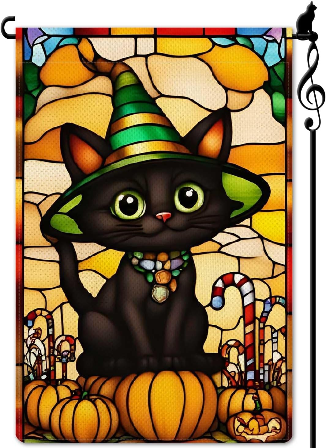 Wizard Cat Garden Flag Halloween Cute Black Cat Stained Glass Style Small Flag for Outside Pumpkin Burlap Double Sided Welcome Yard Lawn Decor 12.5x18"