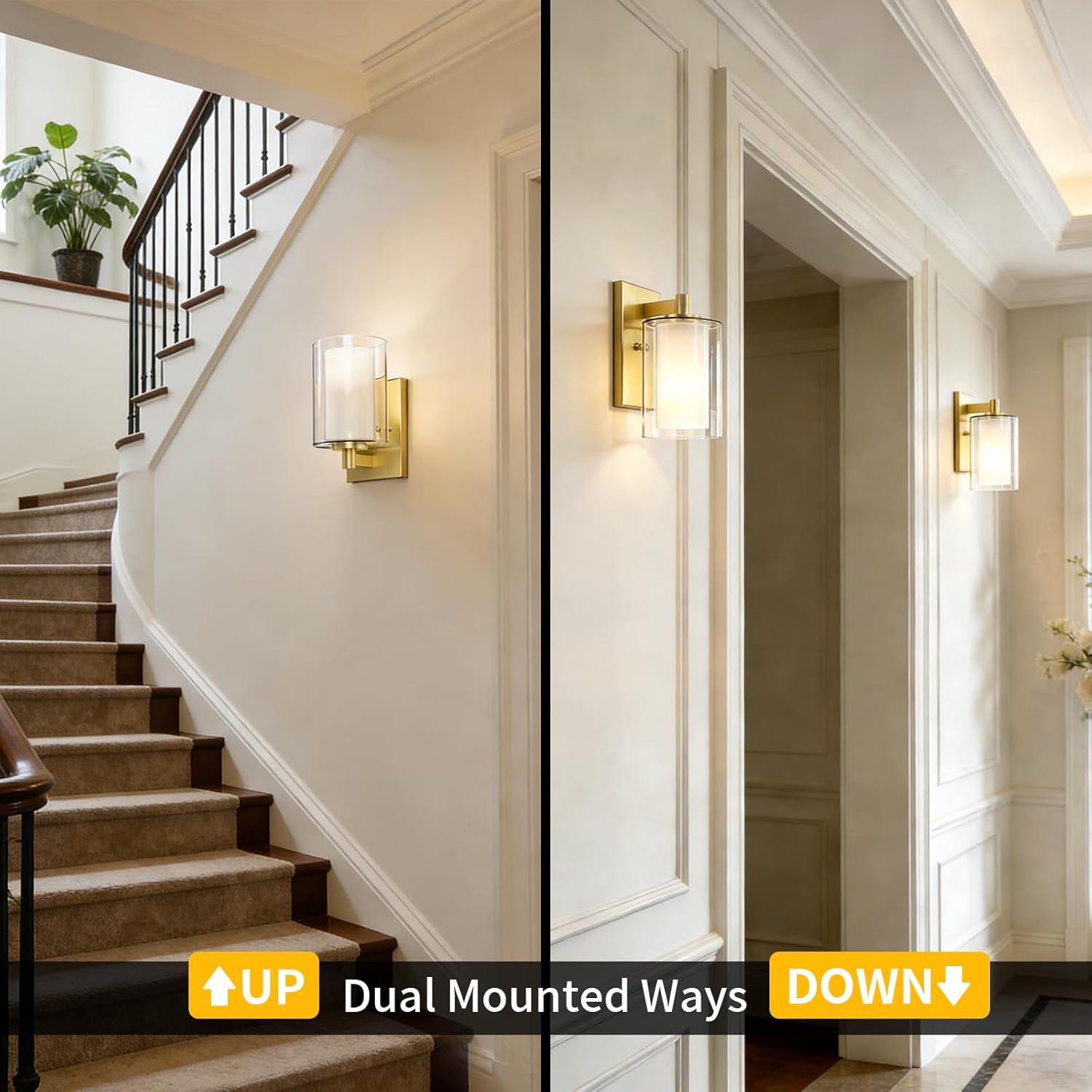Kalium Wall Sconces Set of Two for Bathroom Bedroom Living Room Hallway Indoor Stairwell & Mirror, Farmhouse Modern Vanity Light Fixtures with Double Glass Shade & Gold Rustproof Metal Base, E26