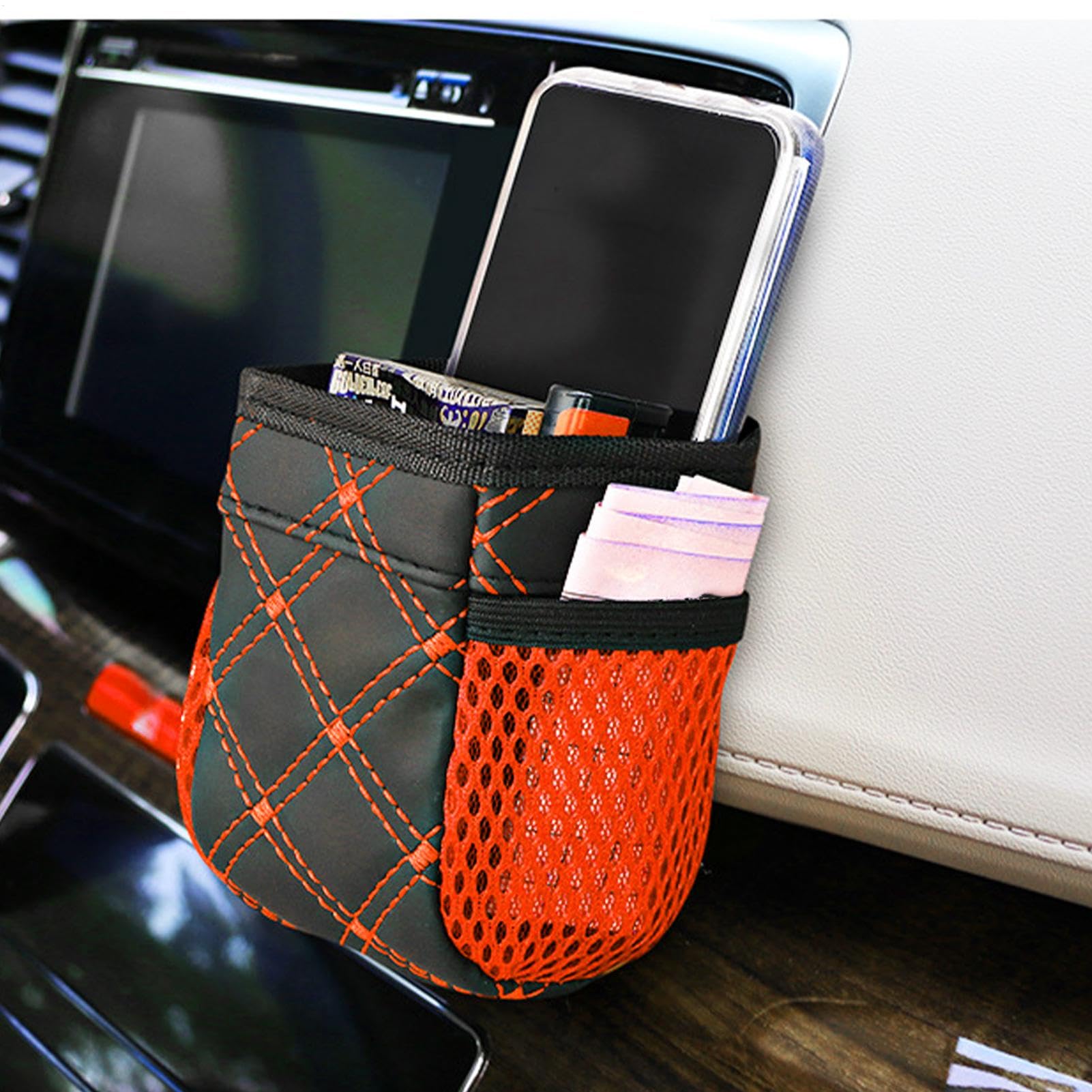 Car Air Vent Bag, Car Outlet Bucket Bag, 4.72x2.56x2.76 inches PU Leather Storage Pouch for Mobile Phone, Keys, Sunglasses, and Dashboard Organization