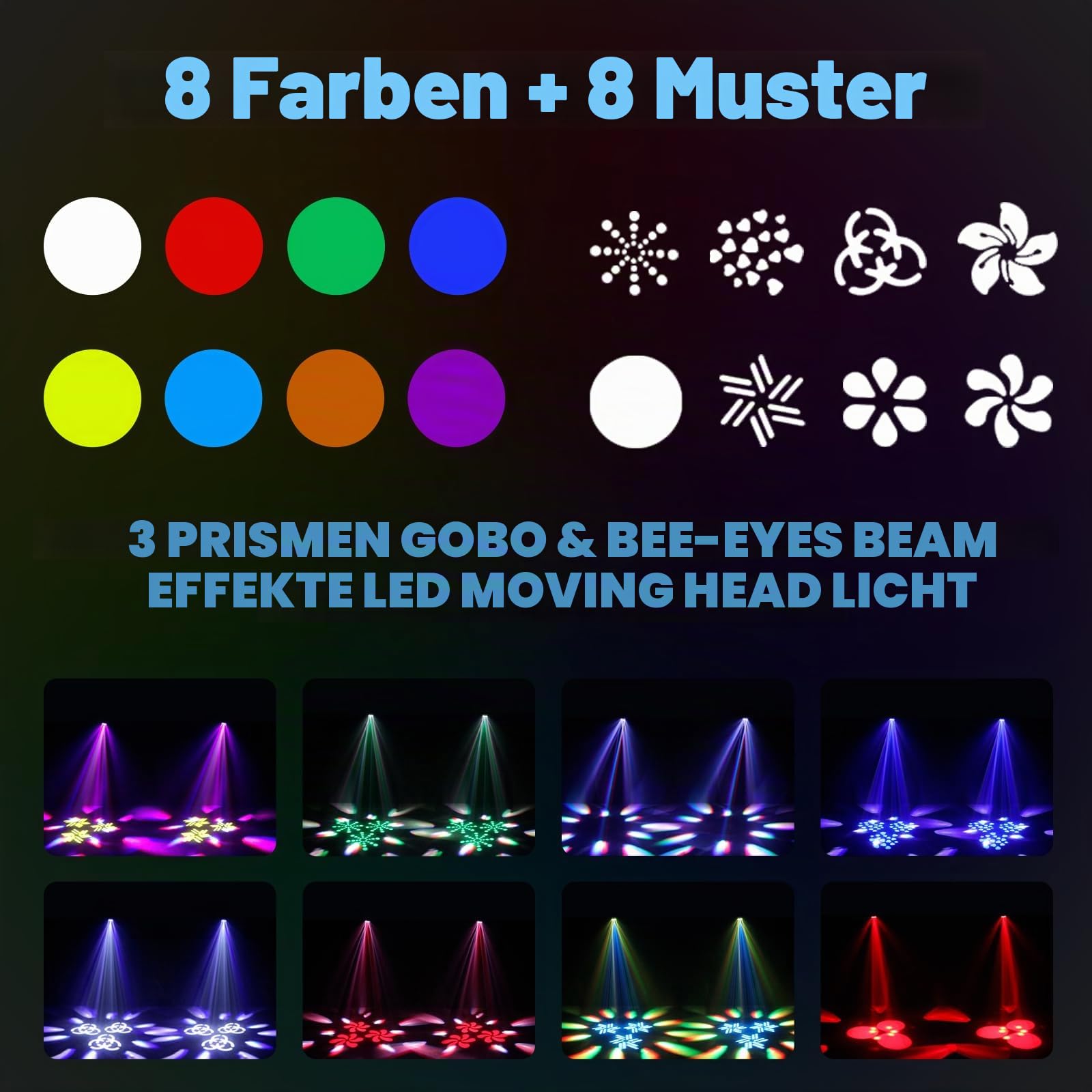 ZKYMZL 150W LED-Bühnenlichter, Bienen-Augen-Design, 3 Prismen, bewegliche Lampenköpfe, 8 Gobos, 8 Farben, 15 Kanäle, LED-Strobe-Lichter, DMX512-Steuerung für Club, Party, Hochzeit.