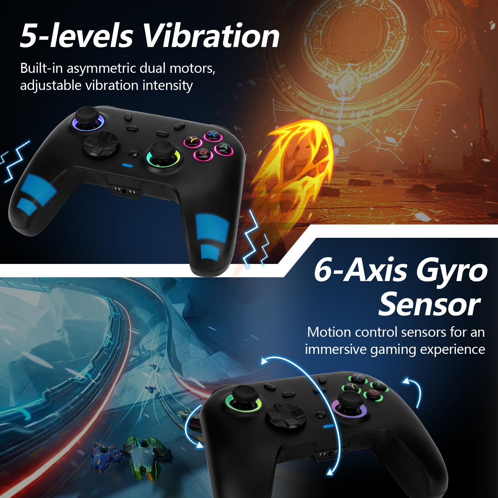 DoJoZone Mando PC, PC Mandos Inalámbrico con Base de Carga, Joysticks Hall Effect y Gatillos Hall, RGB, Turbo, Giroscopio, Bluetooth/2,4G Gamepad Compatible con Windows PC, Switch, Steam y Android