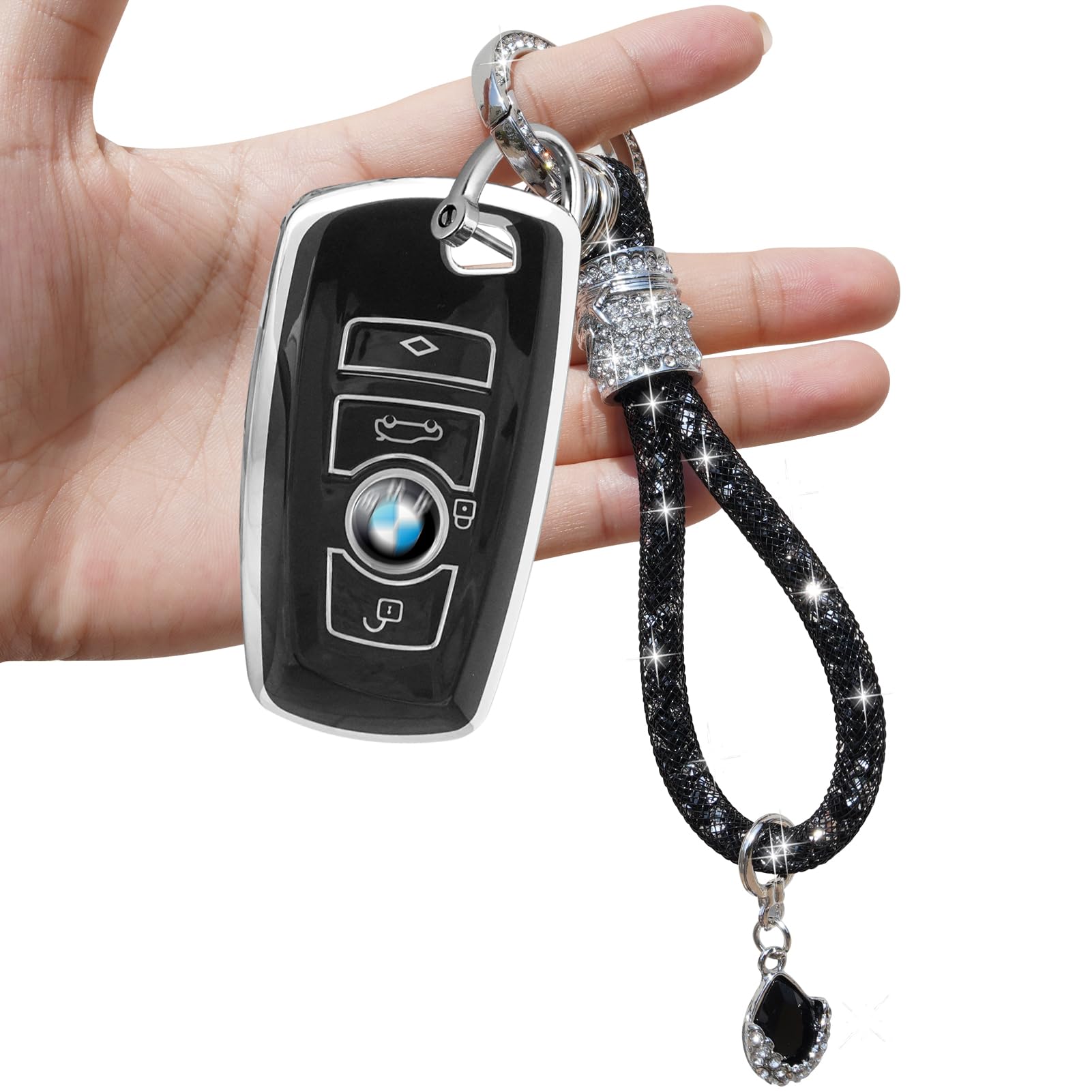 Yumzeco Car Key Case Compatible with BMW with Bling Diamonds Keychain,4 Buttons Key Fob Case for 1 2 3 4 5 6 7 X3 X4 M2 M3 M4 M5 M6 Series,TPU Silicone KeyCover BMW Keyless-Black