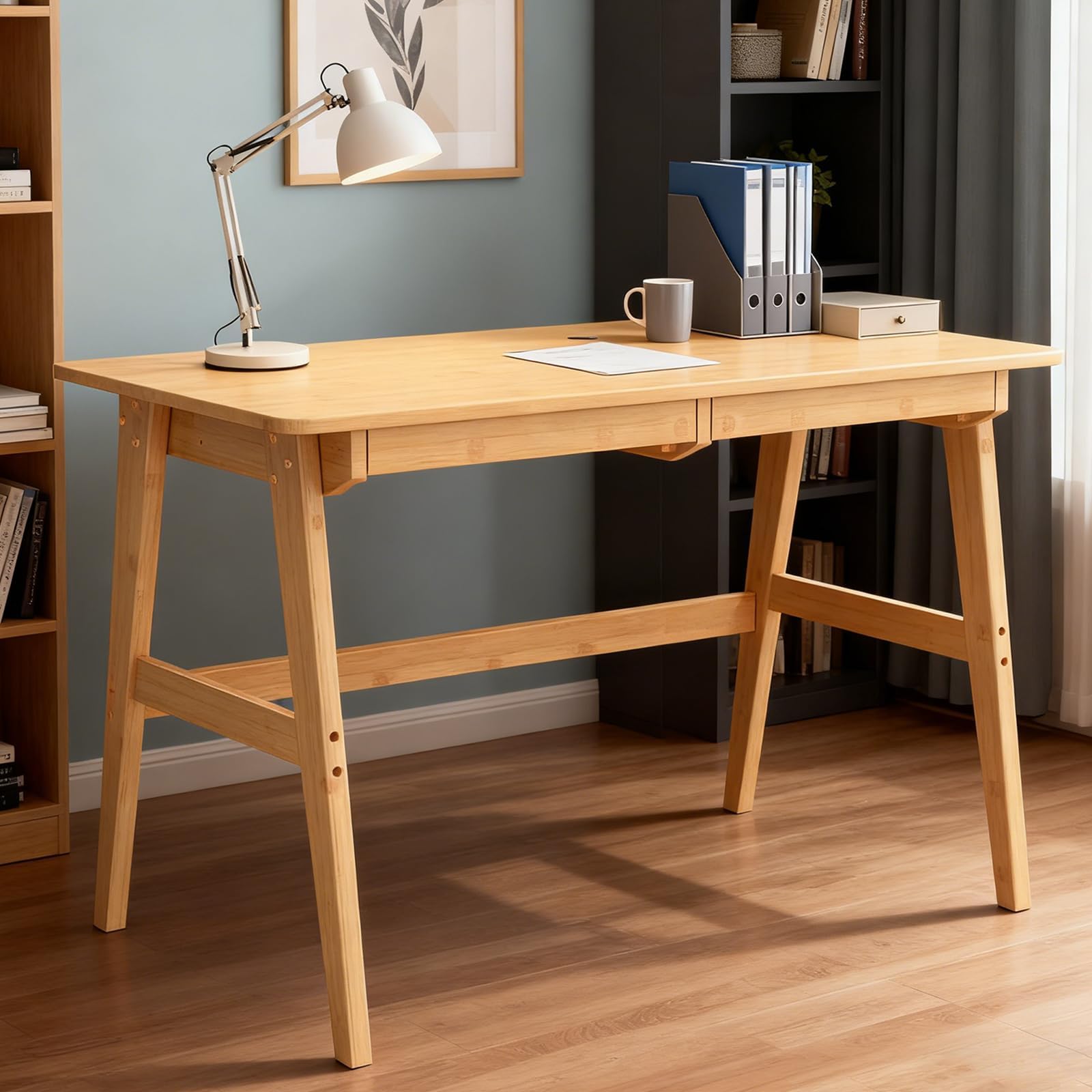 Nnewvante Writing Computer Desk 46" Bamboo Home Office Table with 2 Drawers, Modern Furniture Simple Study Makeup Workstation
