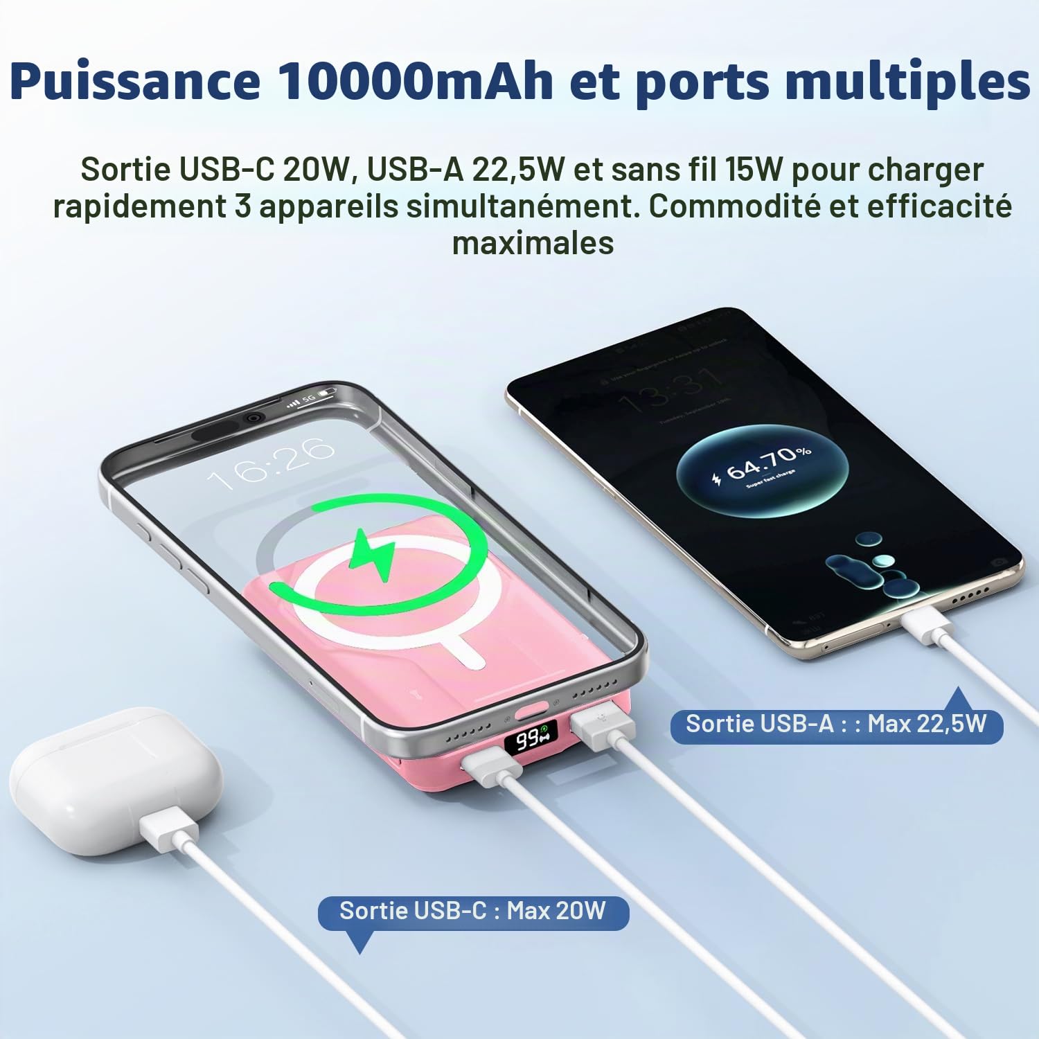 Azmuth Batterie Externe iPhone Magnétique, Compatible avec MagSafe 10000mAh sans Fil Power Bank, 22.5W PD Charger Rapidement Powerbank avec écran LED, pour iPhone 17/16/15/14/13/Pro/Pro Max-Rose