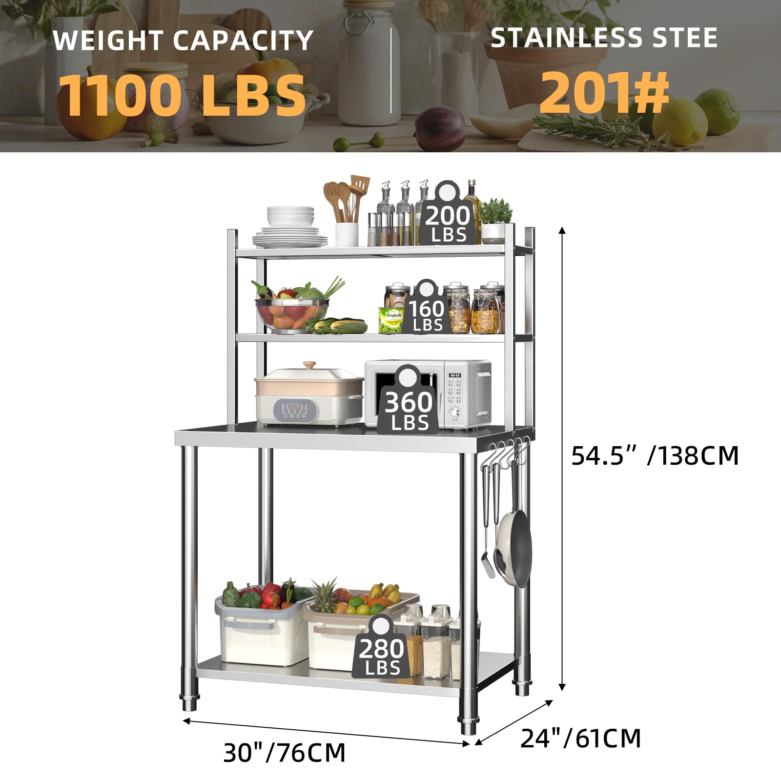 UNIONLINE Edelstahl Arbeitstisch 76x60x138cm, Gewerblicher Küchentisch mit 2 Oberablagen, Catering Vorbereitungstisch für Outdoor Küche & Pizzaofen