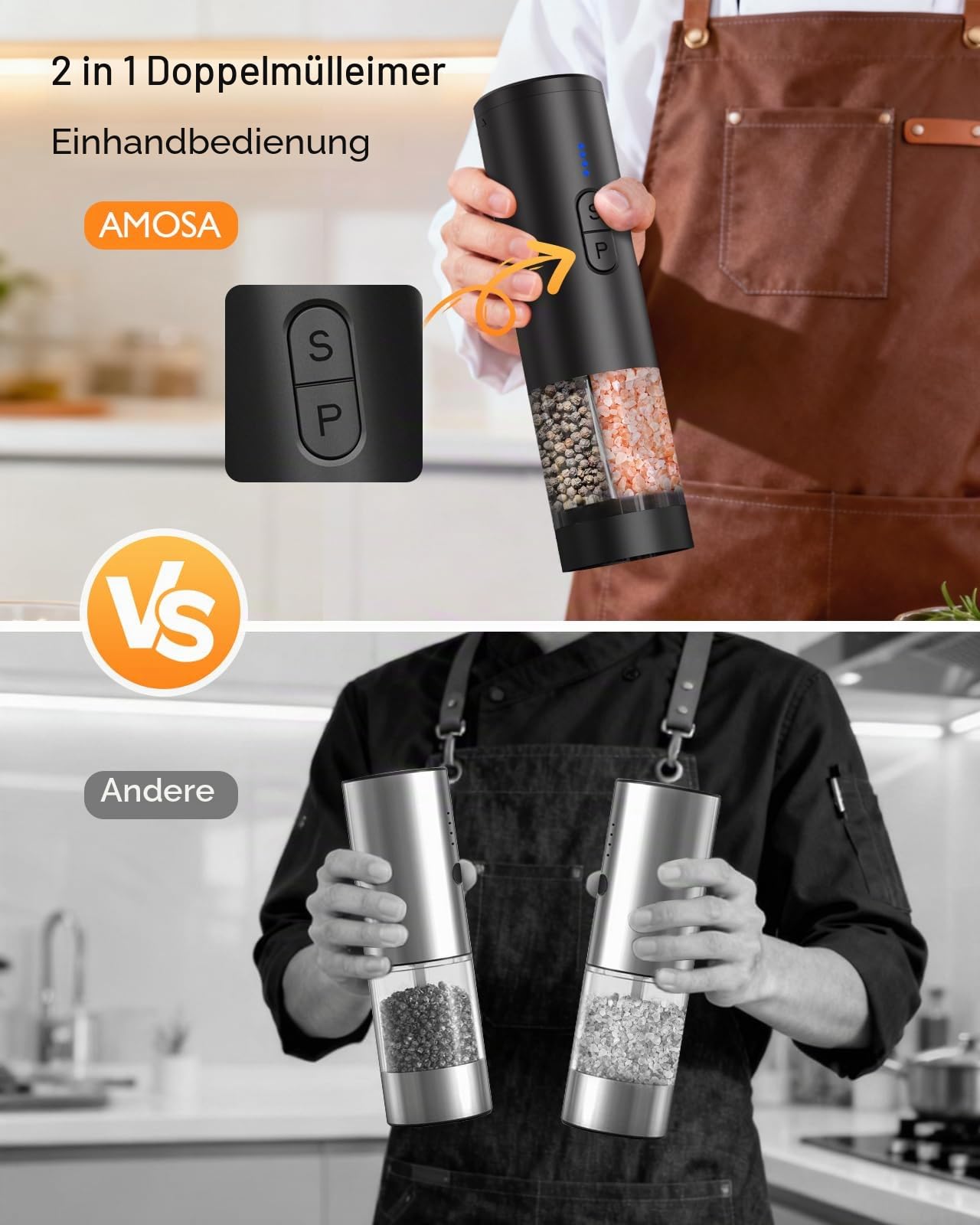 AMOSA Salz und Pfeffermühle Elektrisch, 2-in-1 Doppelbehälter USB Aufladbar, Nachfüllbar Automatisch Pfeffer Und Salzmühle mit LED-Licht, Dual Keramikmahlwerk, Einstellbare Mahlgradstärke, Schwarz