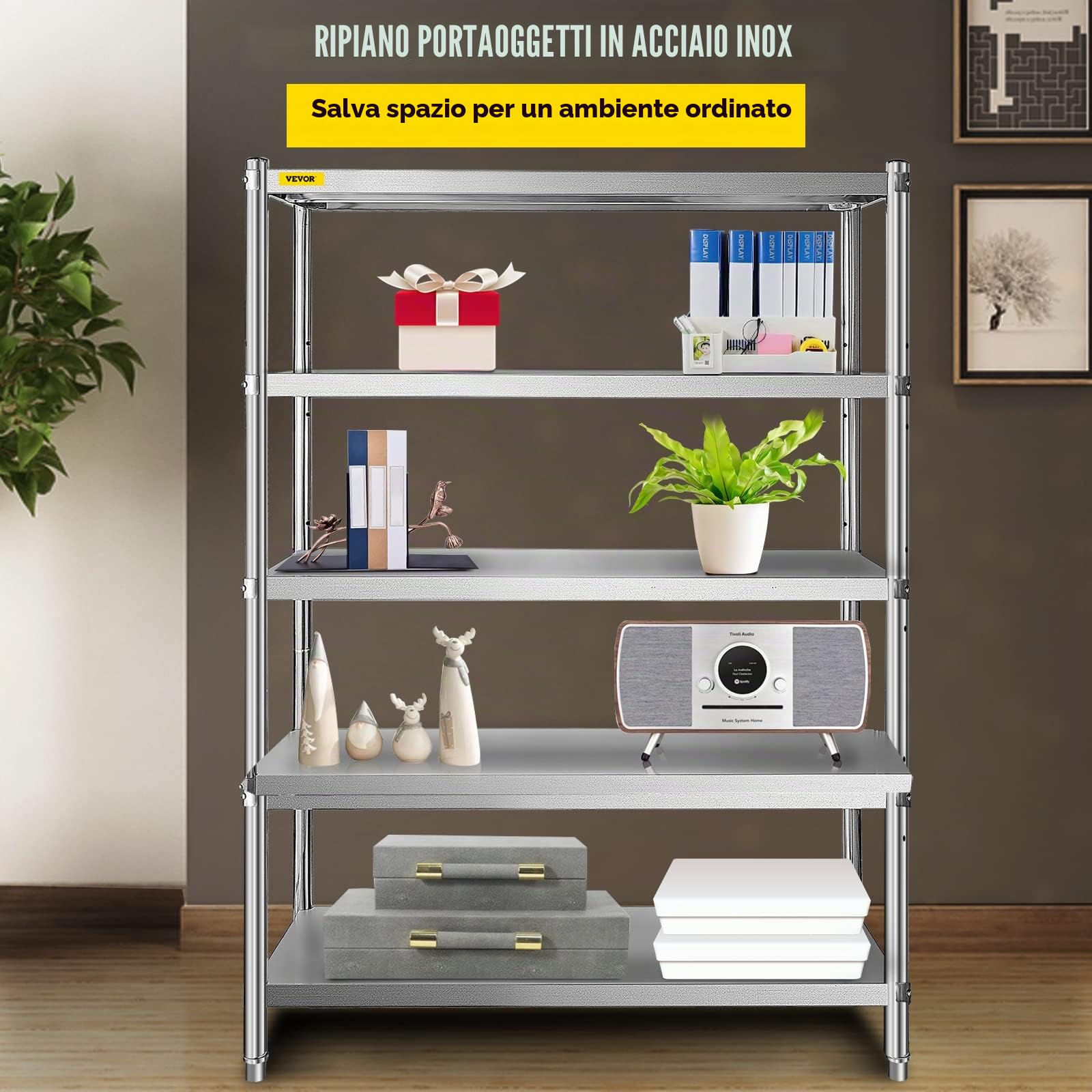 VEVOR Scaffale in Acciaio Inox 5 Ripiani Regolabili 120 x 45,5 x 183 cm, Scaffalatura Portata 150 kg per Ripiano, Resistente per Cucina, Garage, Magazzino e Officina