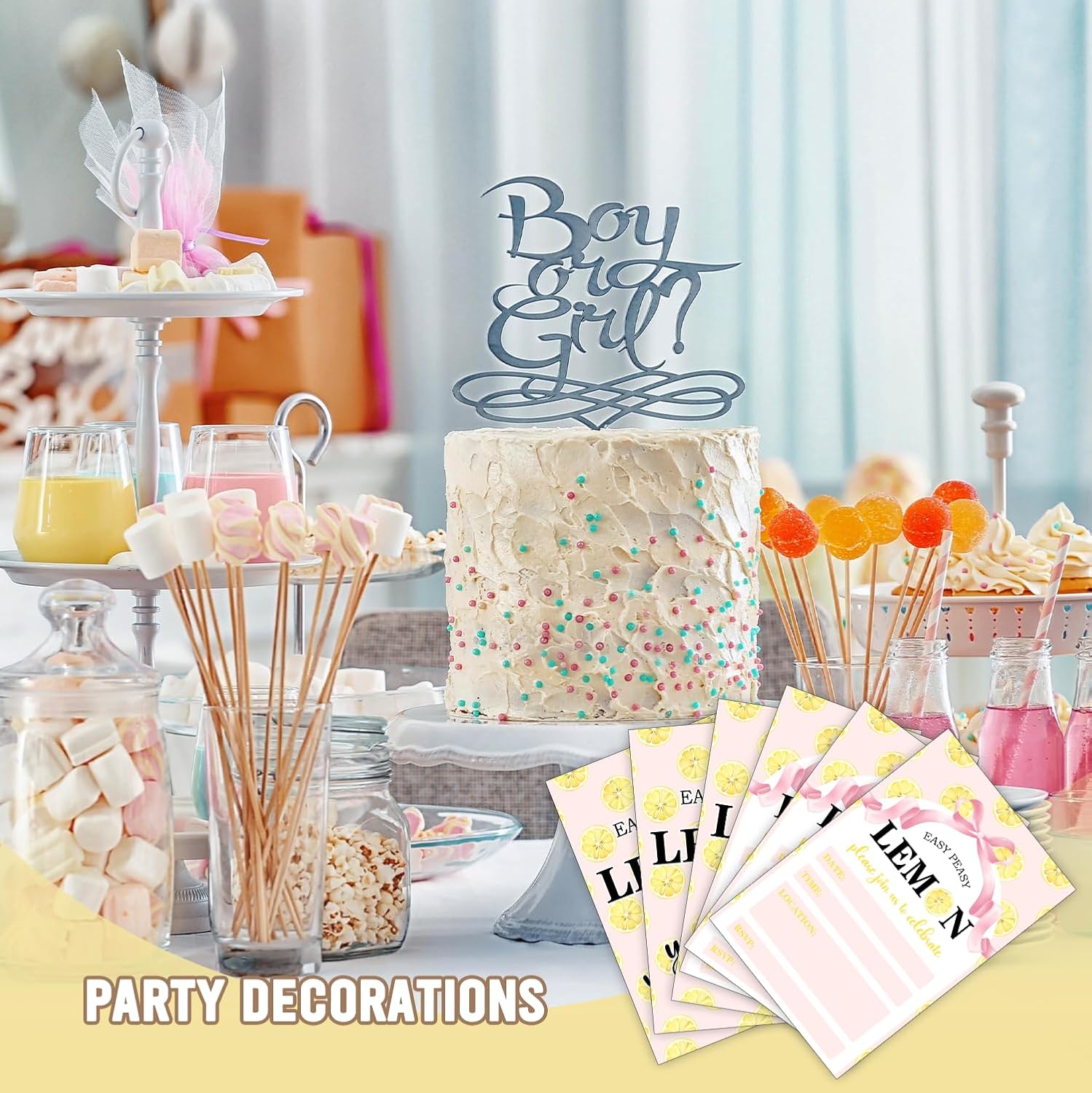 Easy Peasy Lemon Baby Shower Invitations - 25 Count Fill-In Yellow Lemon Cards with Envelopes, 4x6 Inch Paper Invites for Gender Reveal Party Decorations and Supplies (Pink Bow)