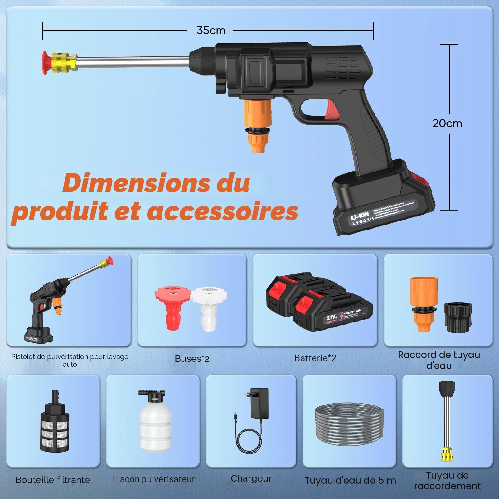 Nettoyeur Haute Pression sans Fil 35 Bar 240 l/h - Pistolet de Lavage Mobile 6 en 1 - Buse réglable - Tuyau de 5 m - Pistolet Portable avec Batterie de 3000 mAh - pour Le Lavage de Voiture