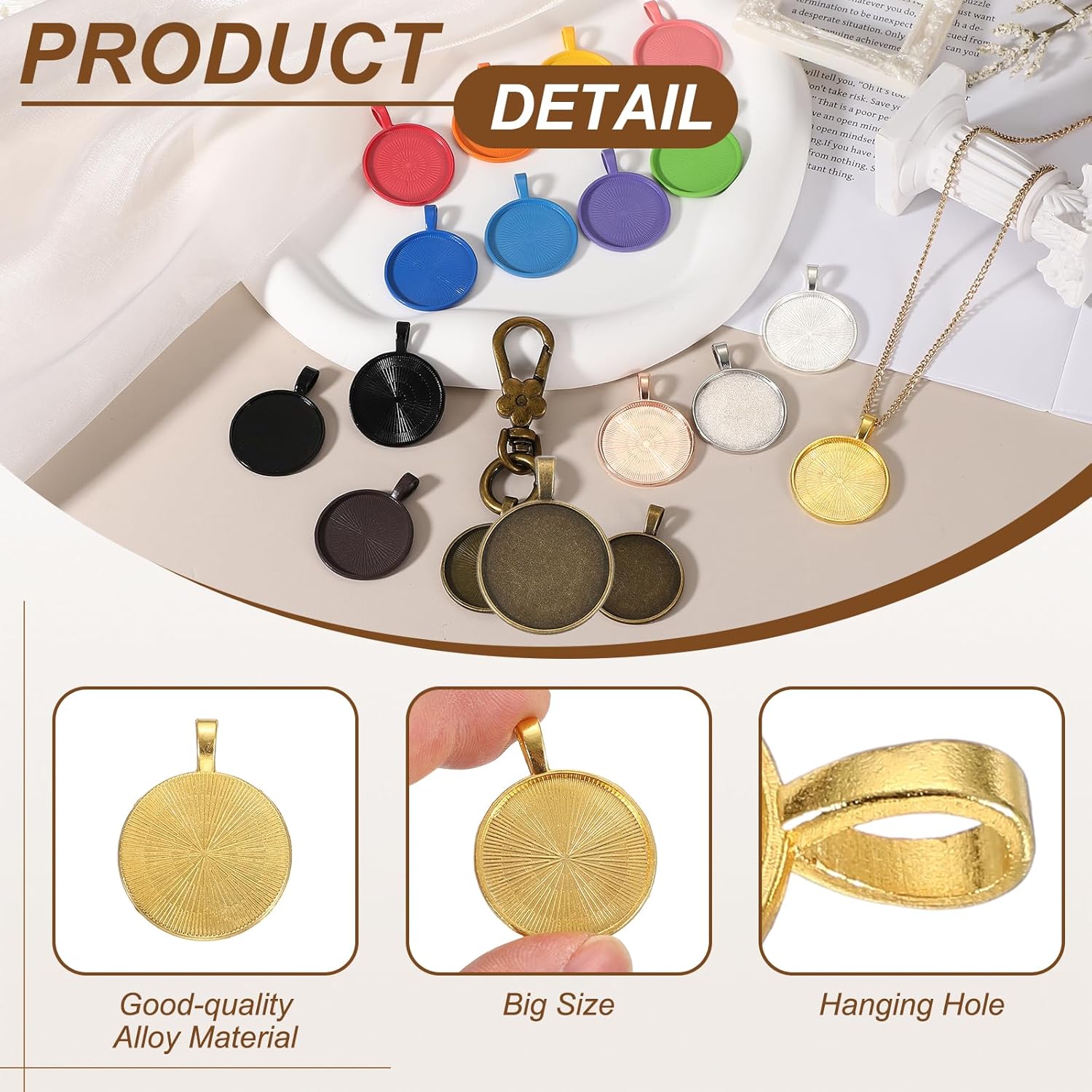 uxcell 10 Pcs Round Pattern Pendant Trays Kit, 25mm Alloy Blank Bezel Pendant Base Flat Connector Settings for Photo Charm Jewelry Making DIY Crafts, Gold - Image 4