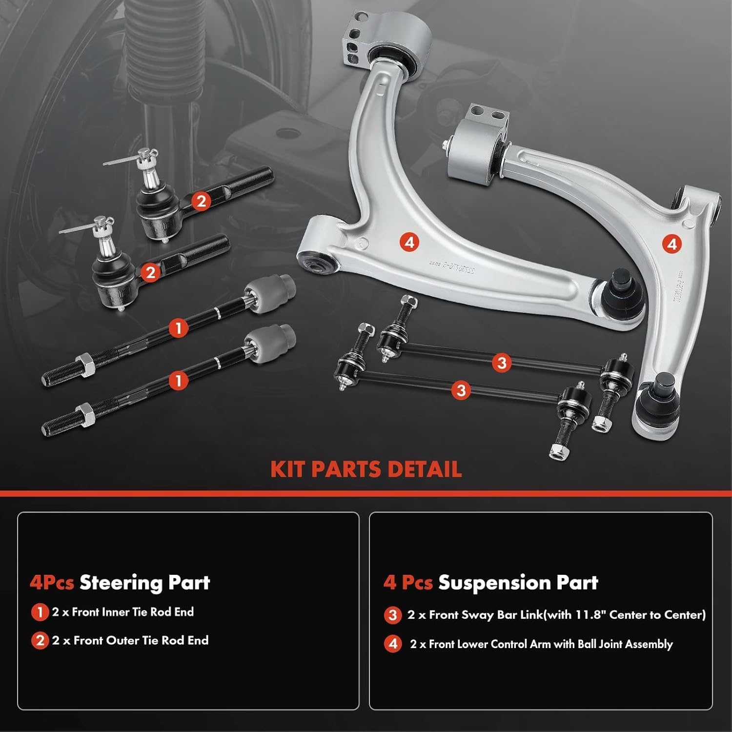A-Premium 8Pcs Front Suspension Kit Fit Chevy Malibu 04-09, Pontiac G6 05-09, Saturn Aura 07-09, with Lower Control Arm, Inner Outer Tie Rod End, Sway Bar Link