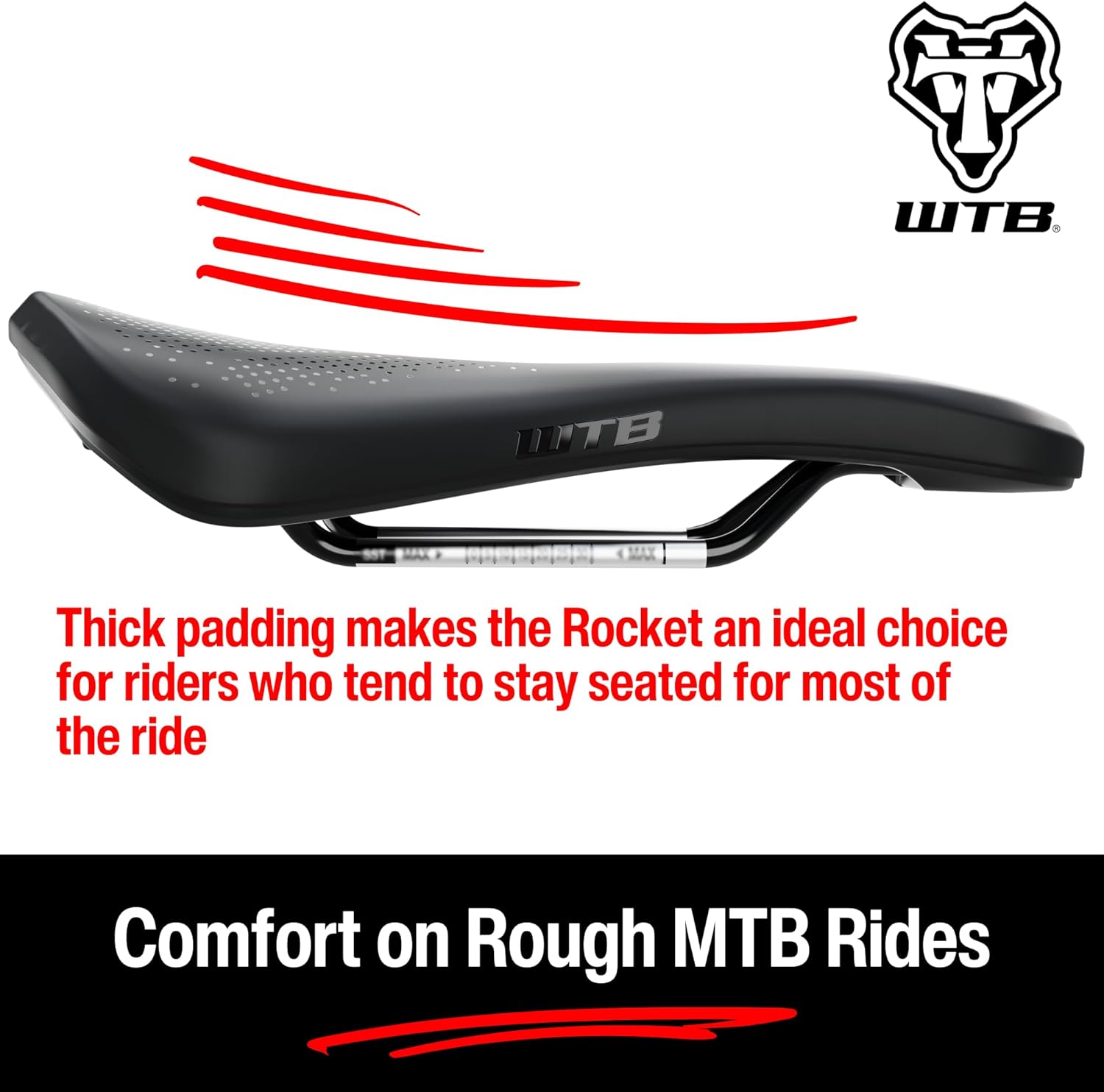 WTB Rocket Mountain Bike Seat (Saddle) - Fusion Form Base - Thick Padding - Handle for Lifting E-Bikes (4 Rail Options)