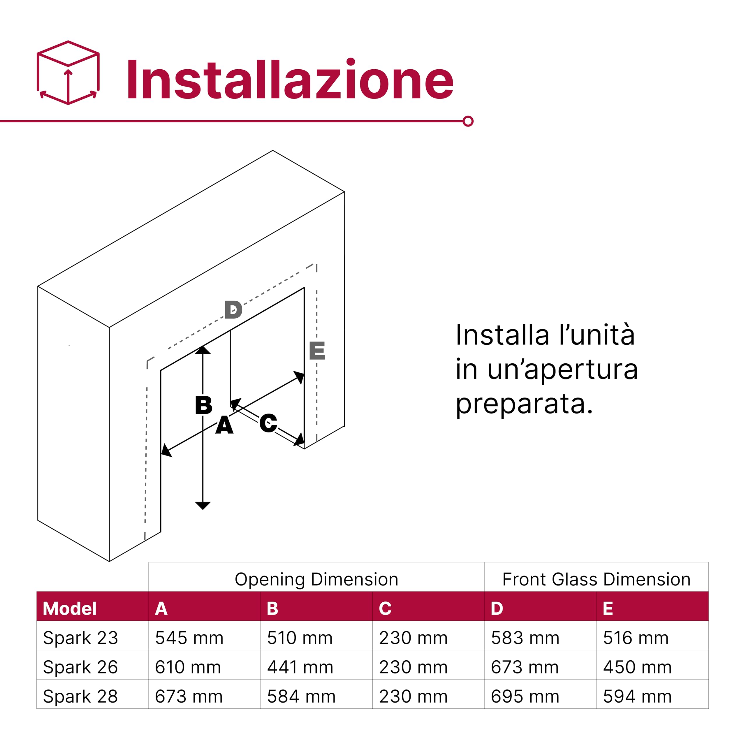 Dimplex Spark 26" Camino Elettrico da Incasso Camino Elettrico da Parete con Termoventilatore 2 kW Effetto Fiamma LED Optiflame, Velocità e Luminosità Regolabili Incluso Timer e Telecomando