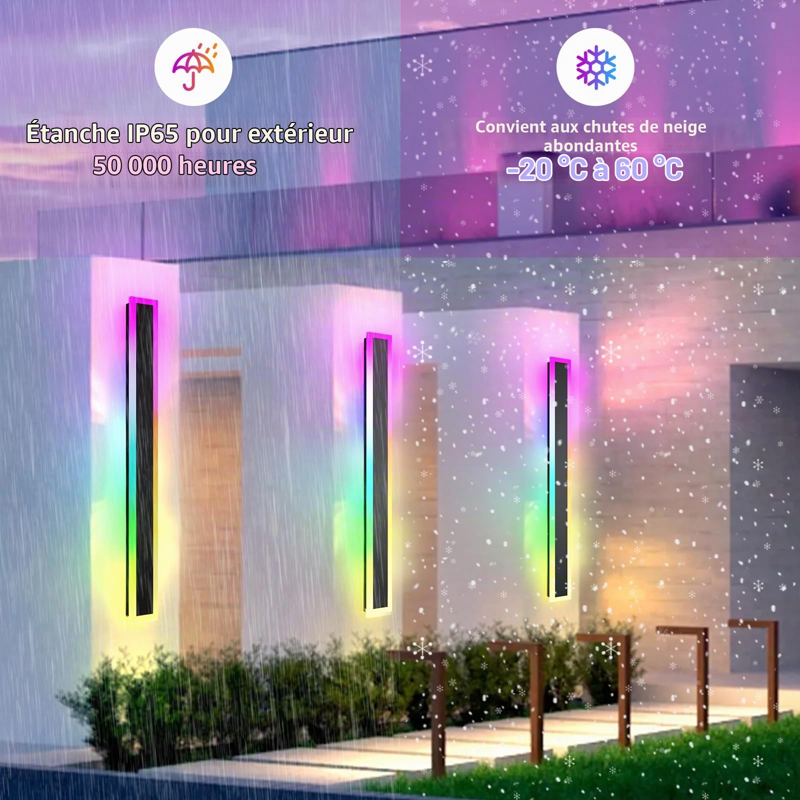Applique murale extérieure RGB, 80cm 2 groupes RGB/chaud/blanc dimmable moderne LED applique murale, longue lampe murale avec contrôle à distance et app pour extérieur/intérieur