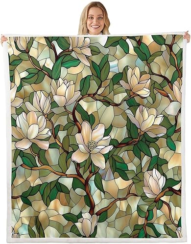 White Flowers Flannel Blanket,Watercolor Botanical Leaves Bedroom Living Room Soft Cozy Fleece,Green and Brown Blankets Decor for Bed Couch Brown