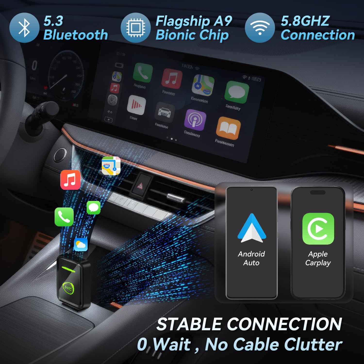 Bezprzewodowy adapter CarPlay z 2025 r., mini konstrukcja USB do samochodów z wbudowanym przewodowym Apple CarPlay, 2 w 1, Plug and Play, łatwe w użyciu, szybkie stabilne połączenie, gra samochodowa