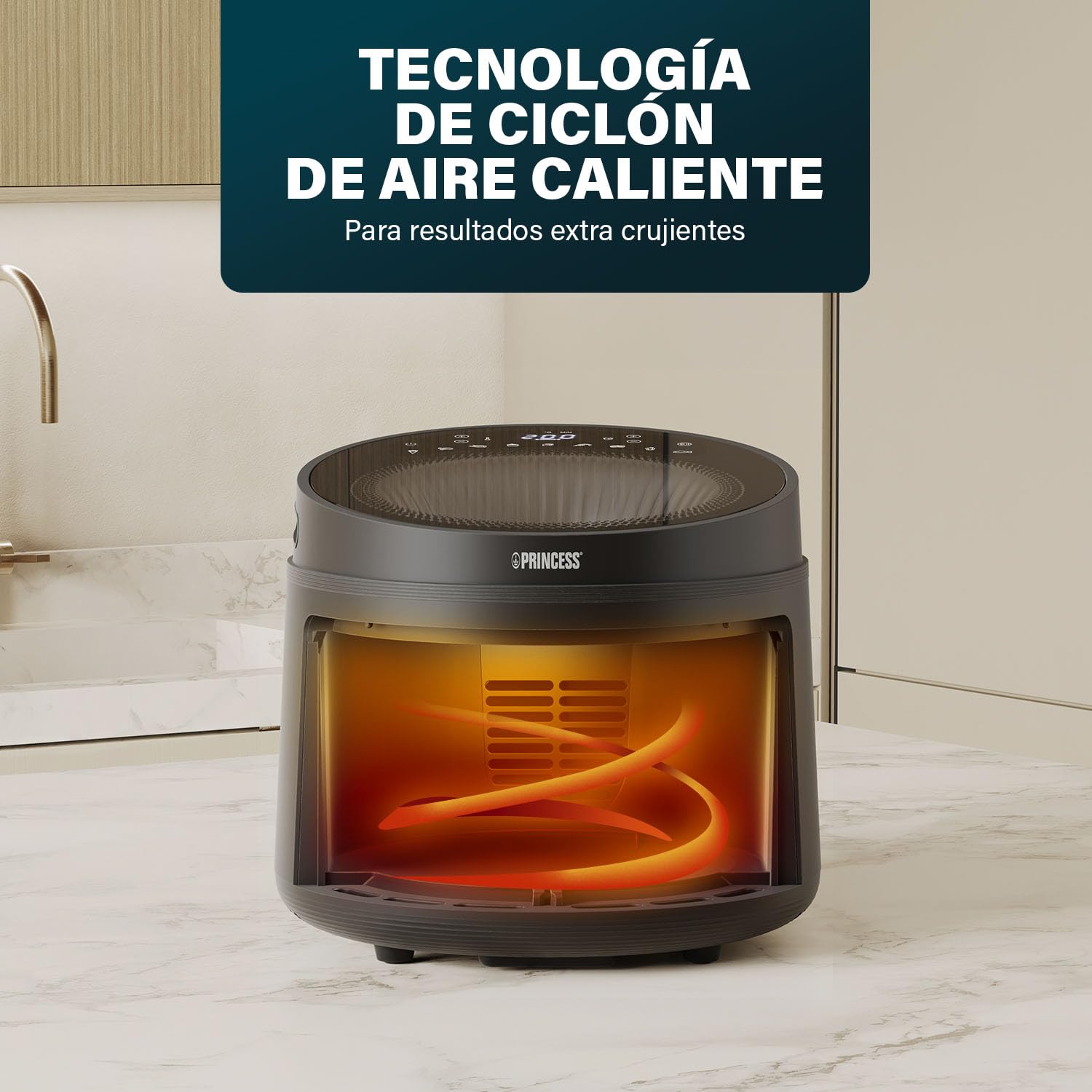 Princess Cyclone Vision Airfryer 5L, ventana de visualización, piezas aptas lavavajillas, revestimiento antiadherente, 8 programas de cocción preajustados 1500 W, 01.182270.01.001