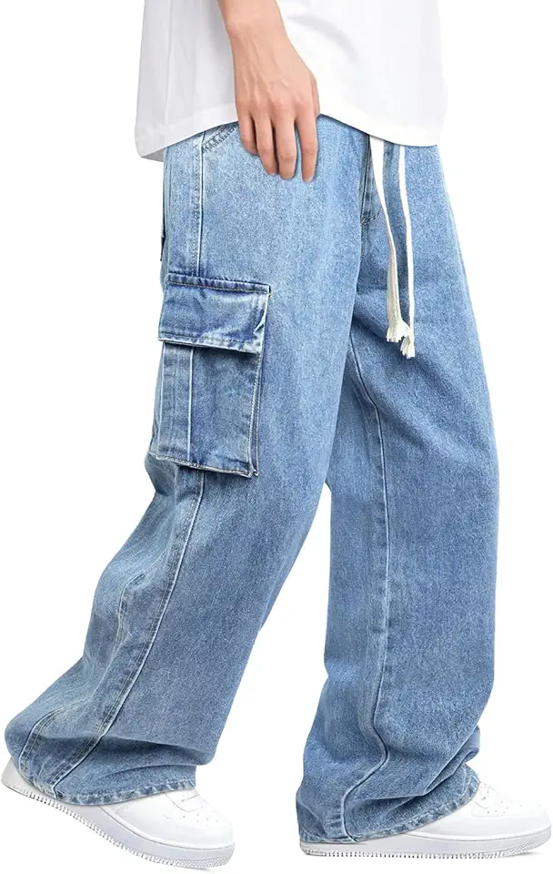 Heyfanee Mens Baggy Jeans Elastic Waisted Denim Pants for Men with Drawstring Streetwear