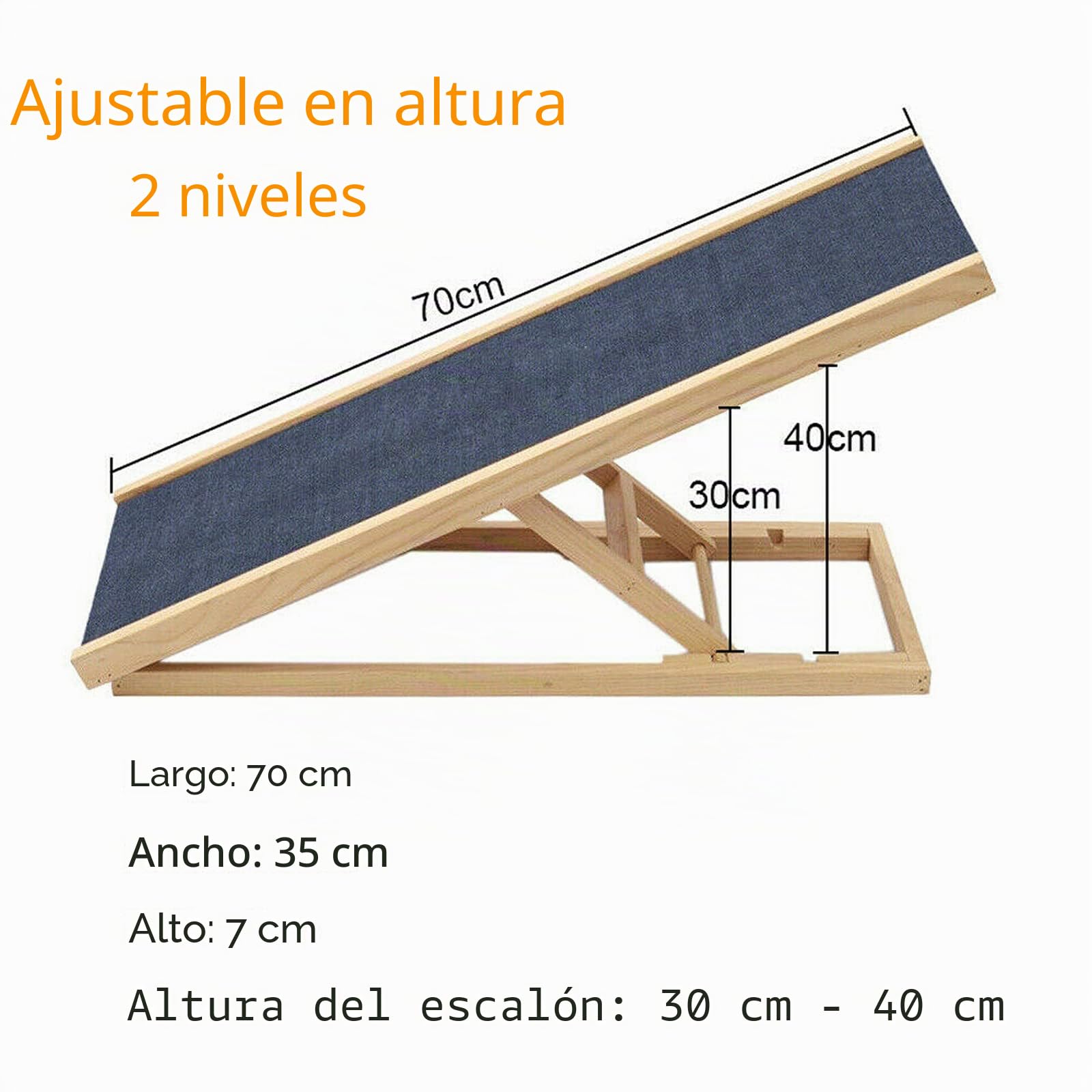 Rampa para perros independiente para interiores y exteriores, de madera auténtica, con 2 alturas ajustables y alfombra antideslizante, diseño portátil plegable para cama o sofá, 70 x 35 cm