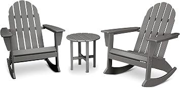 POLYWOOD Vineyard 3-Piece Adirondack Rocking Chair Set, Outdoor Patio Furniture with Side Table, Recycled Plastic, Fade-Proof Front Porch Rockers for Adults, Slate Grey