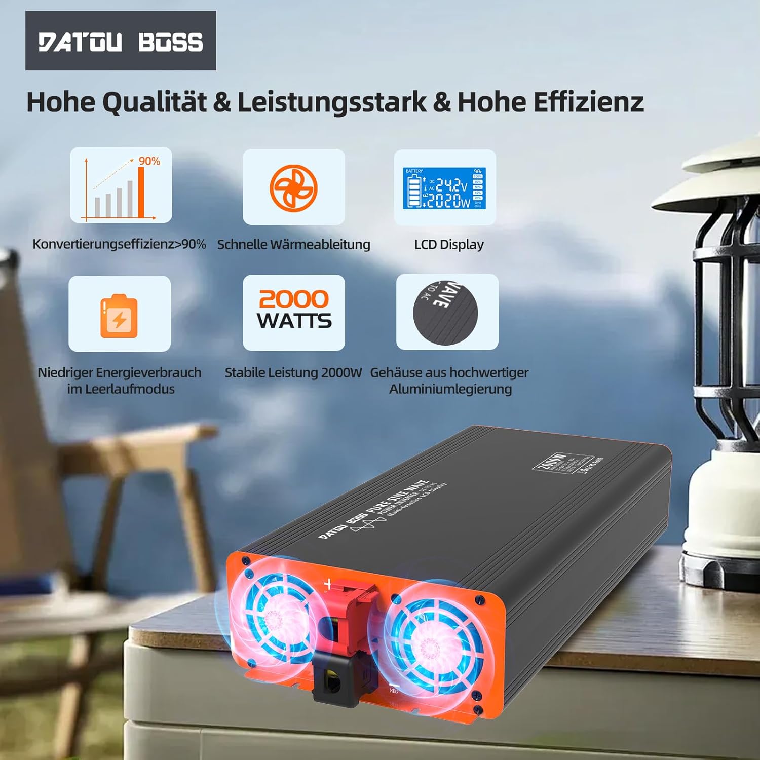 DATOUBOSS inverter with cooling fans illuminated, indicating active cooling