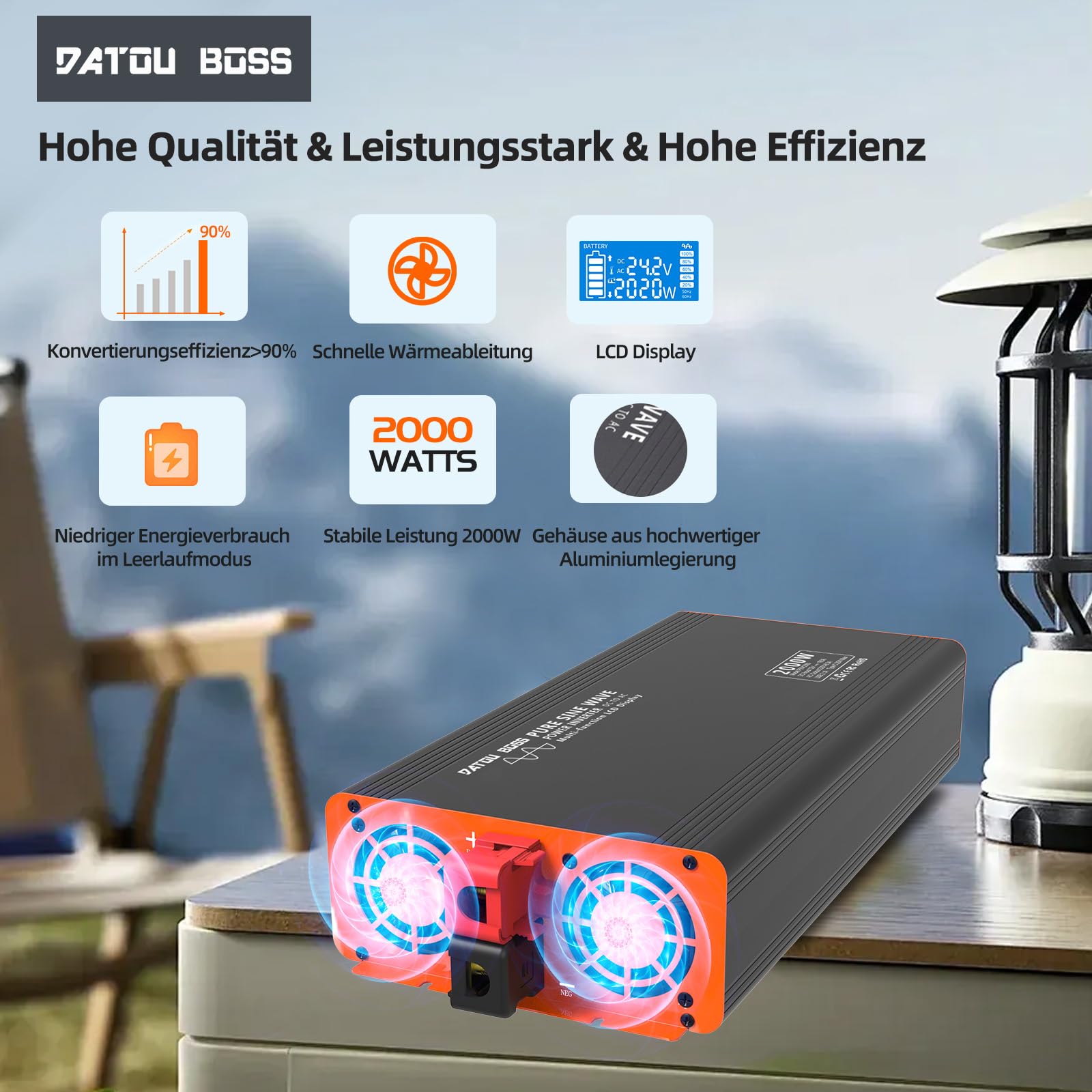 DATOUBOSS 2000W Reiner Sinus Wechselrichter 24V auf 230V (4000W Peak), Spannungswandler mit Funkfernbedienung, EU-Steckdose, USB-A & USB-C, LCD Display – für LKW Wohnmobil, Camping & Solar