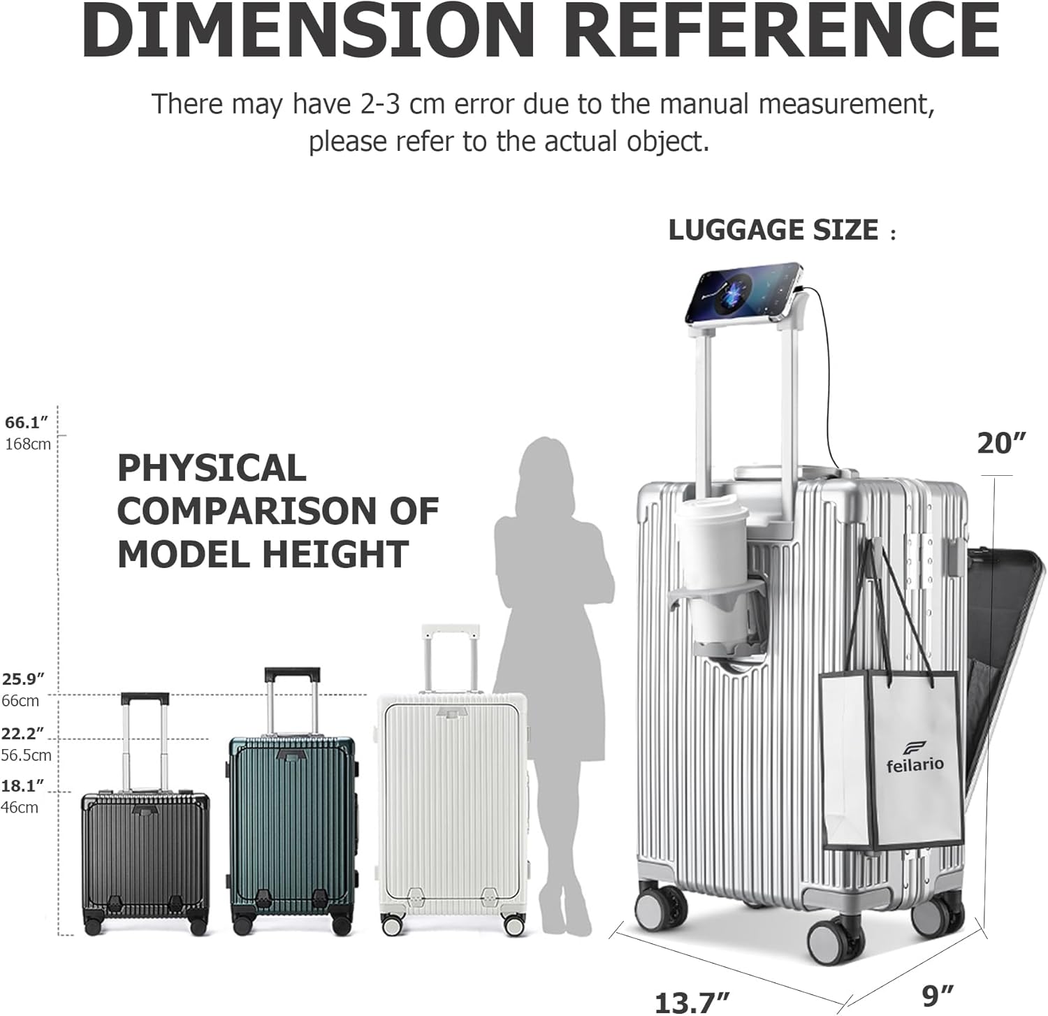 feilario Aluminium Frame PC Hard Shell Spinner Wheels Luggage,20.8"X15"X8.7 Airline Approved Built-In TSA lock Carry on Suitcase, with Cup Holder, USB Port, Phone Holder - Image 3