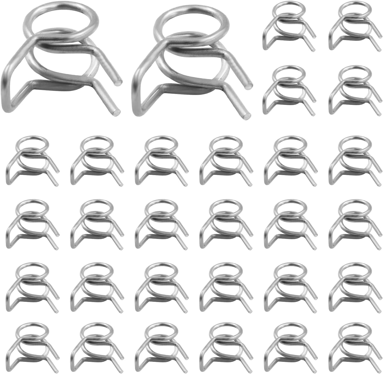 BokWin 30 Pack 5mm Inner Dia Double Wire Spring Hose Clamp, Adjustable Spring Clips, Stainless Steel for Hose, Fuel Line, Water Pipe, Air Pipe Applications, Silver Tone Secure Connections