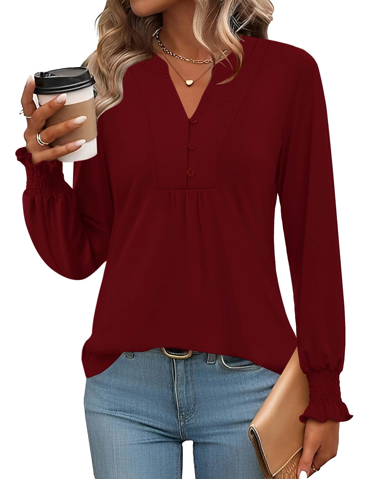 Rapbin Bluse Damen V-Ausschnitt Knopfleiste T-Shirt Tunika Kurzarm Top Sommer Oberteile Elegant Casual